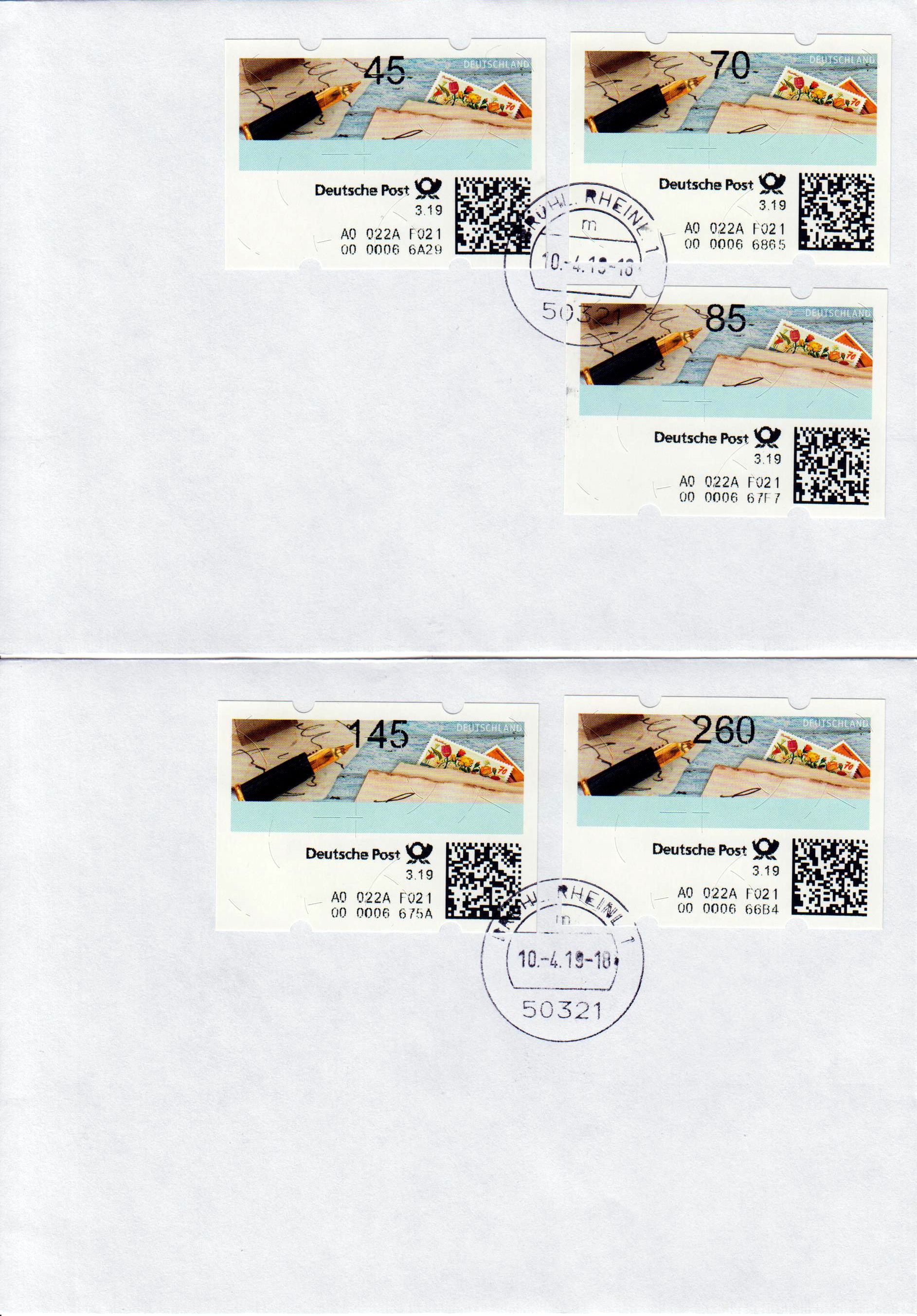 Versuchs-ATM 2018 sk (3.19), Tastensatz, 3. Vordruckpapier, auf zwei Briefen F021