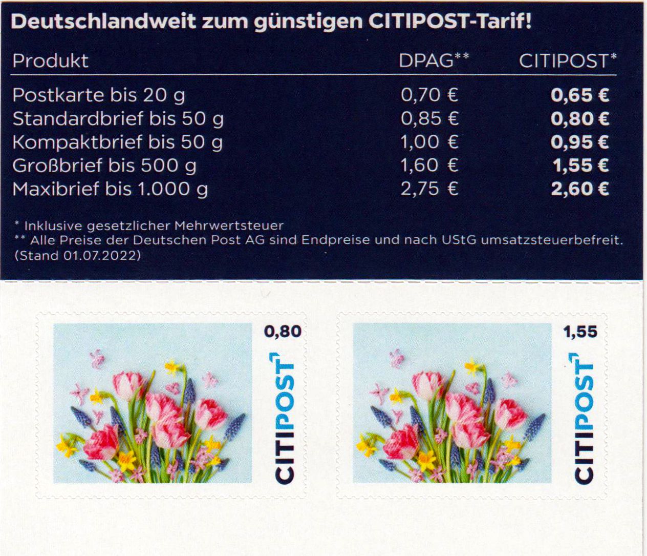 2er-MH: Blumen 2022, Portoänderung, gestempelt