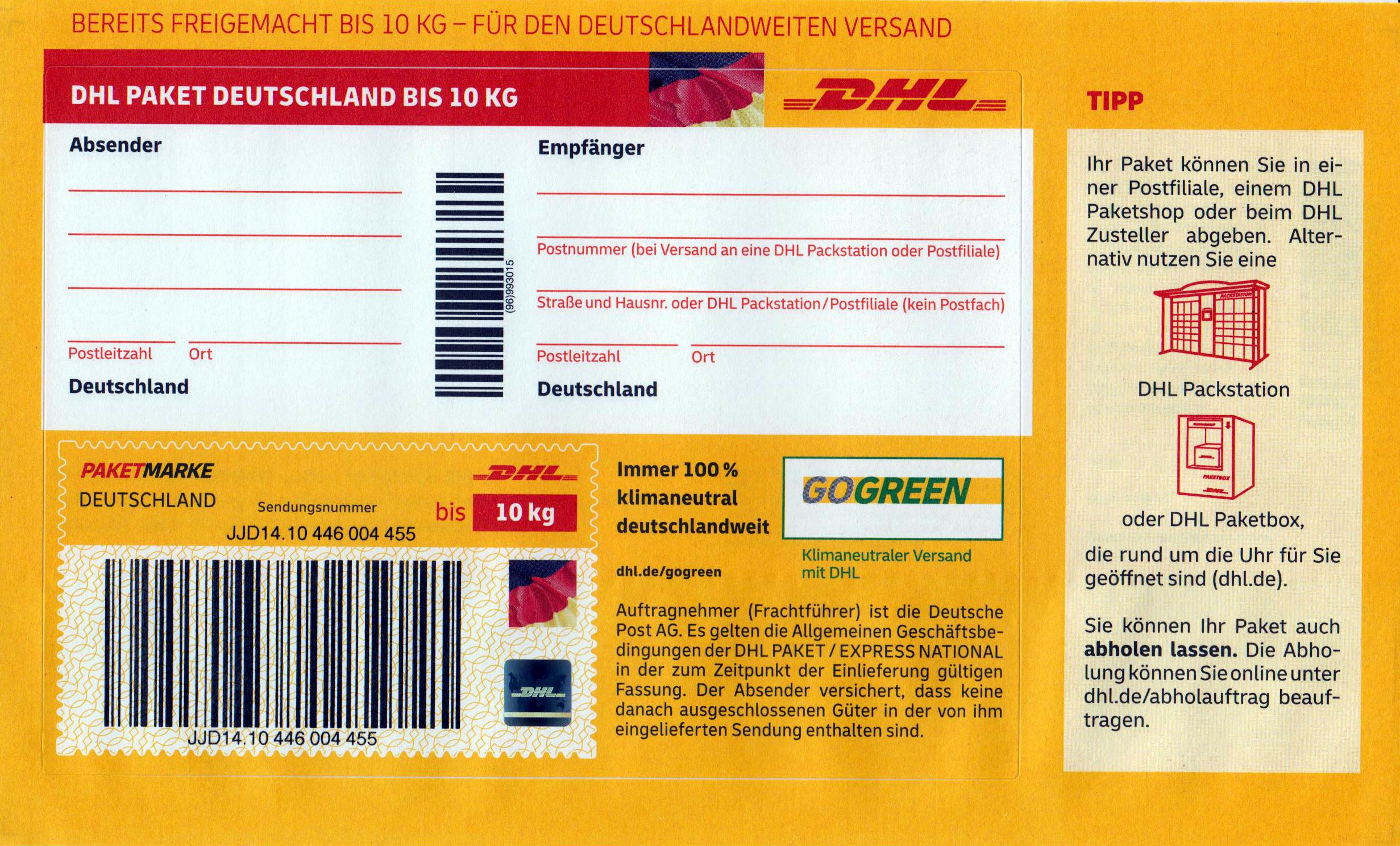 Paketmarke Deutschland bis 10 kg, mit Sendungsinformation, Layout-Änderung