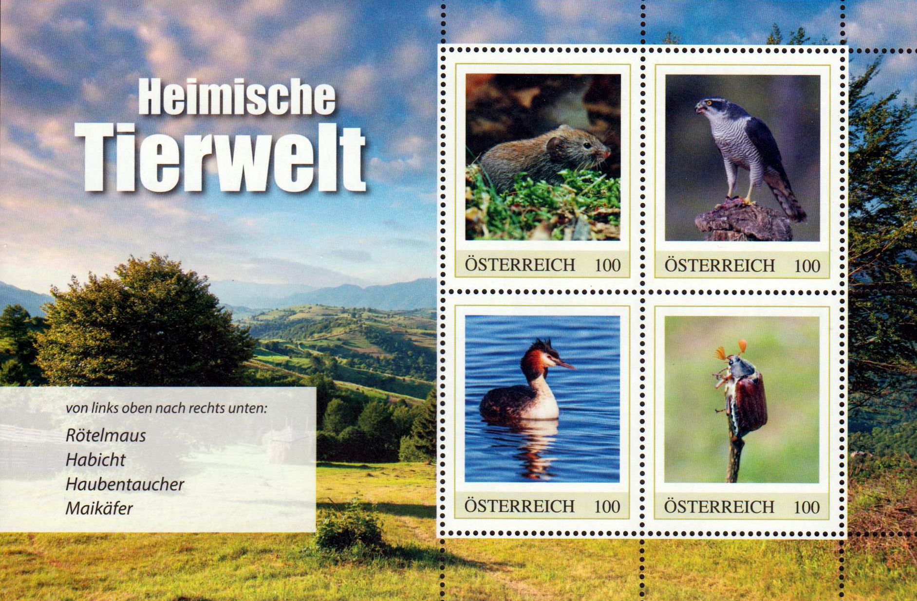 Block: Heimische Tierwelt 2025, Rötelmaus, Habicht, Haubentaucher, Maikäfer, ME4