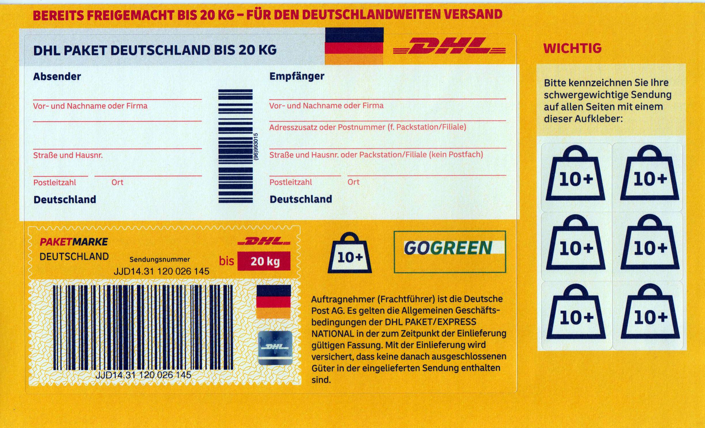 DHL Paketmarke Deutschland bis 20 kg, mit Hologramm und 10+ Aufklebern 2025