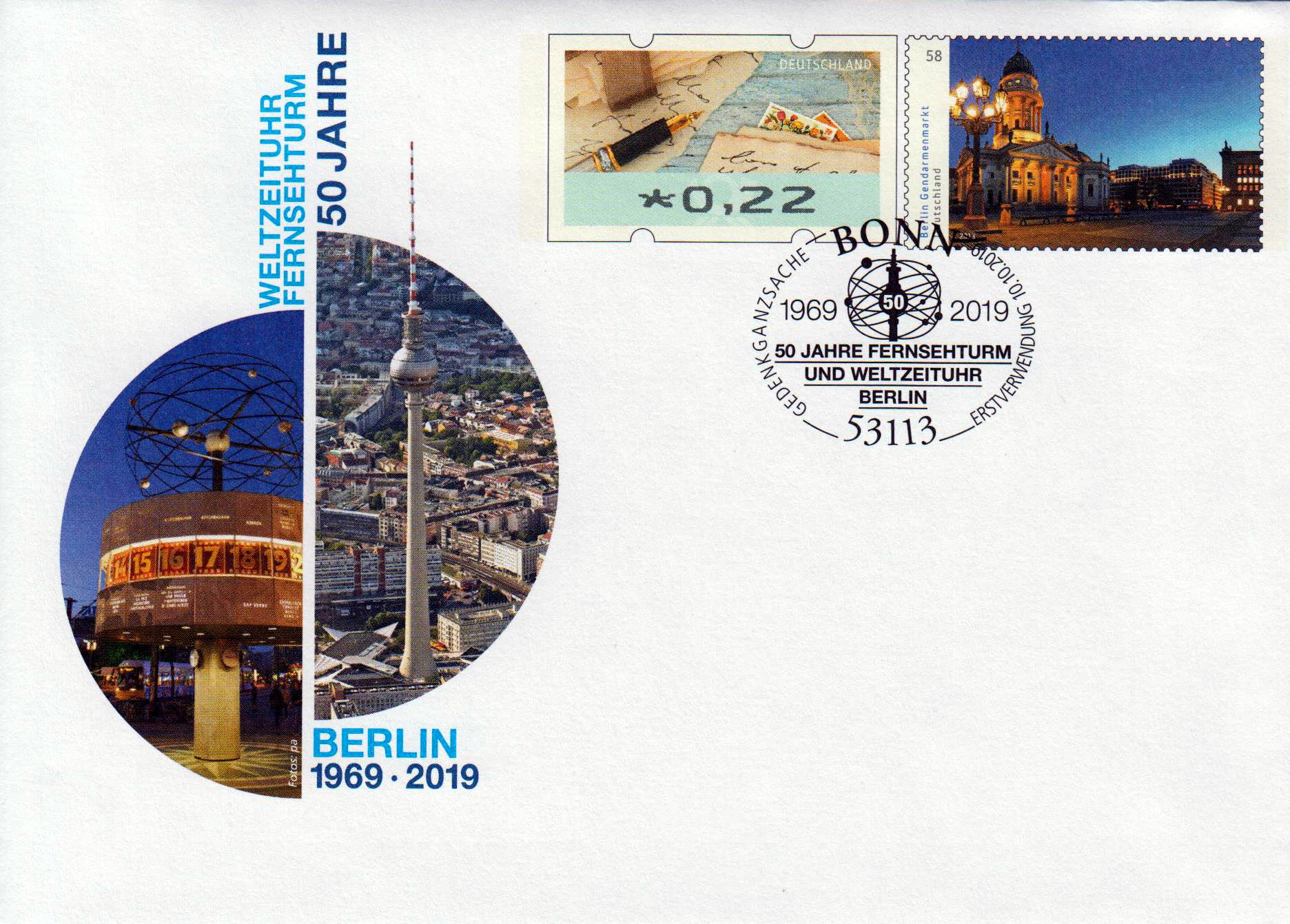 Fernsehturm und Weltzeituhr Berlin 2019, mit Erstverwendungsstempel