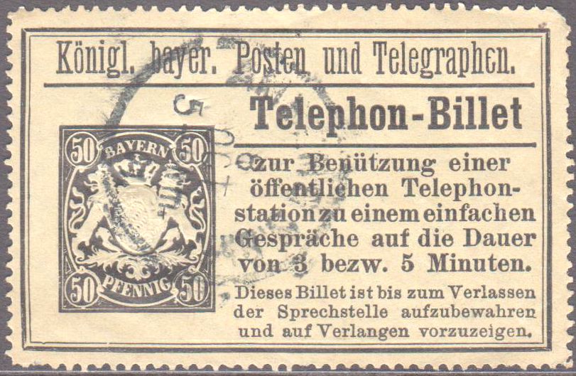 Telephon-Billet TB 21, 50 Pfennig, mit Wz. 3, gelbes Papier, gestempelt