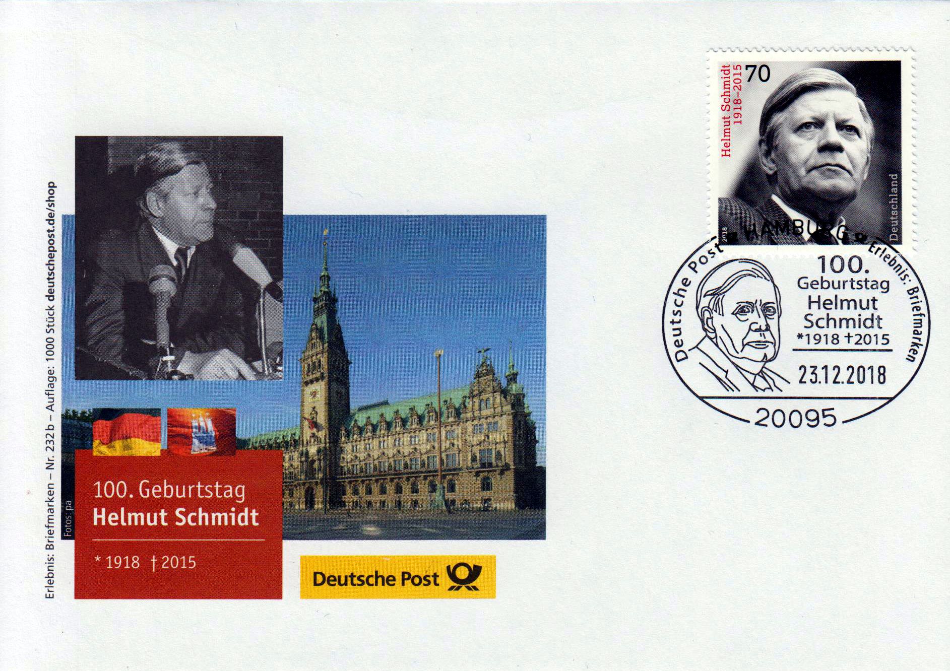 Nr. 232b: 100. Geburtstag Helmut Schmidt, mit SSt "100. Geburtstag" 23.12.18
