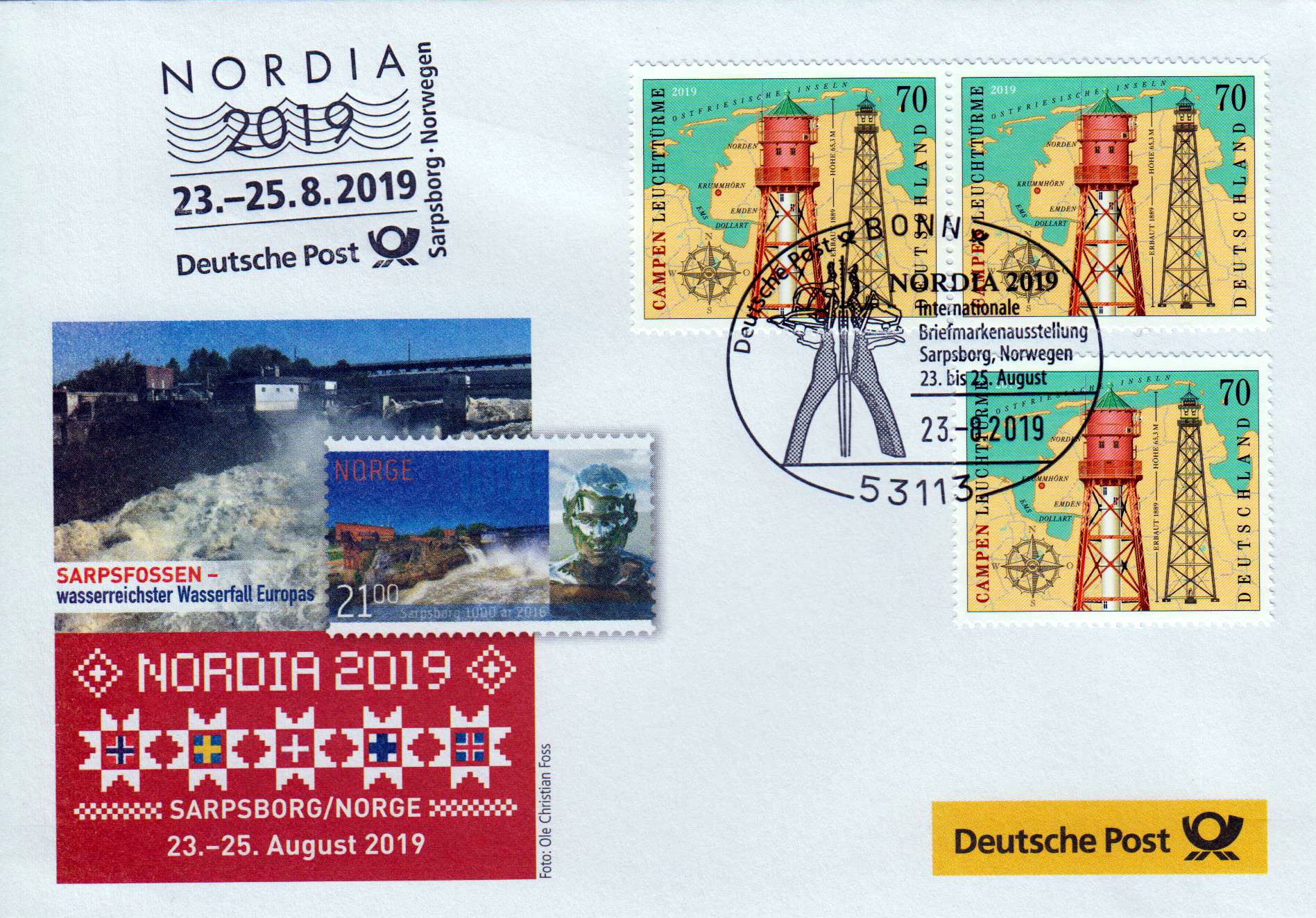 Nordia 2019, Sarpsborg, mit Sondermarke "Leuchtturm Campen" und ESSt Bonn