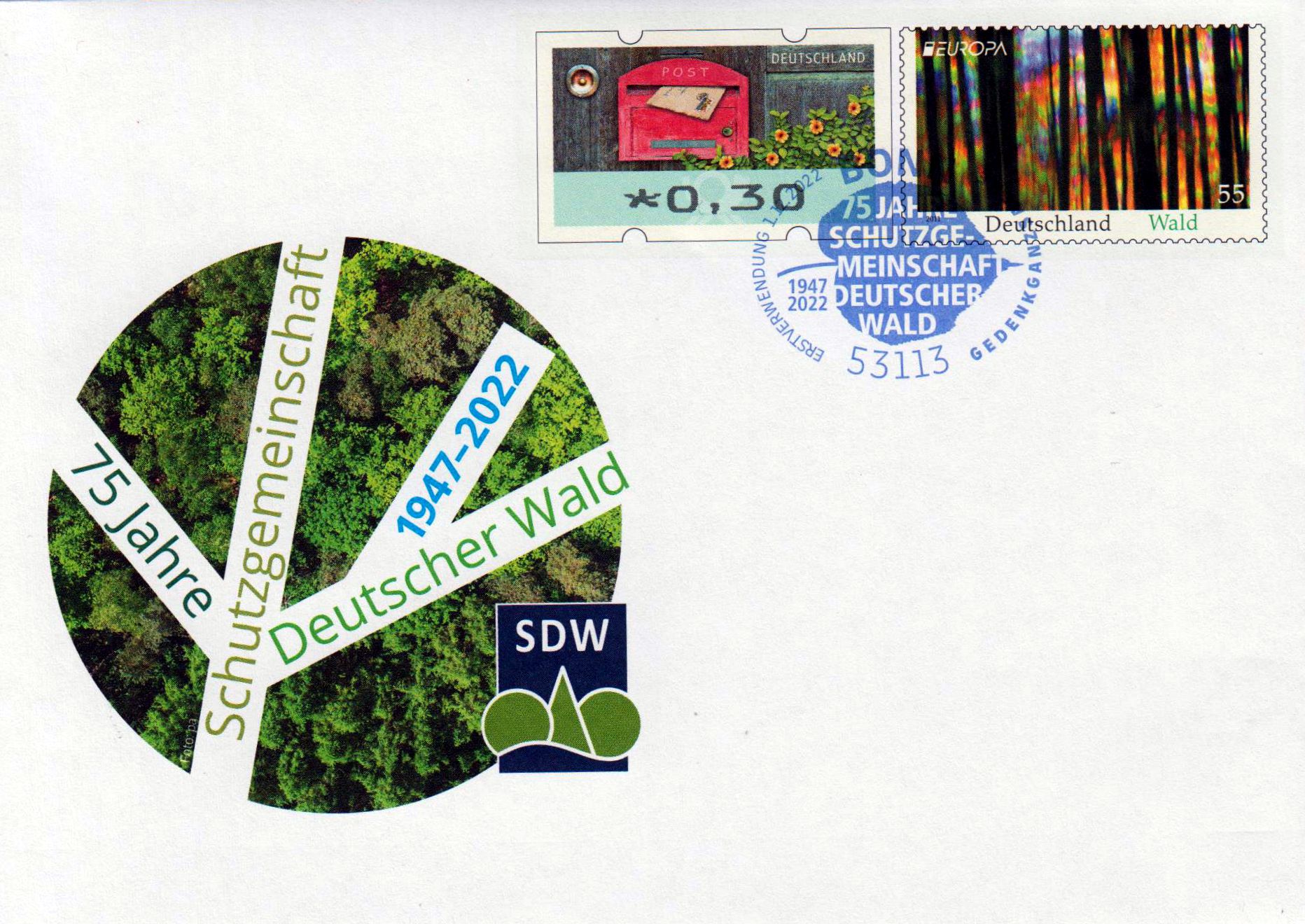Schutzgemeinschaft Deutscher Wald 2022, mit Erstverwendungsstempel Bonn