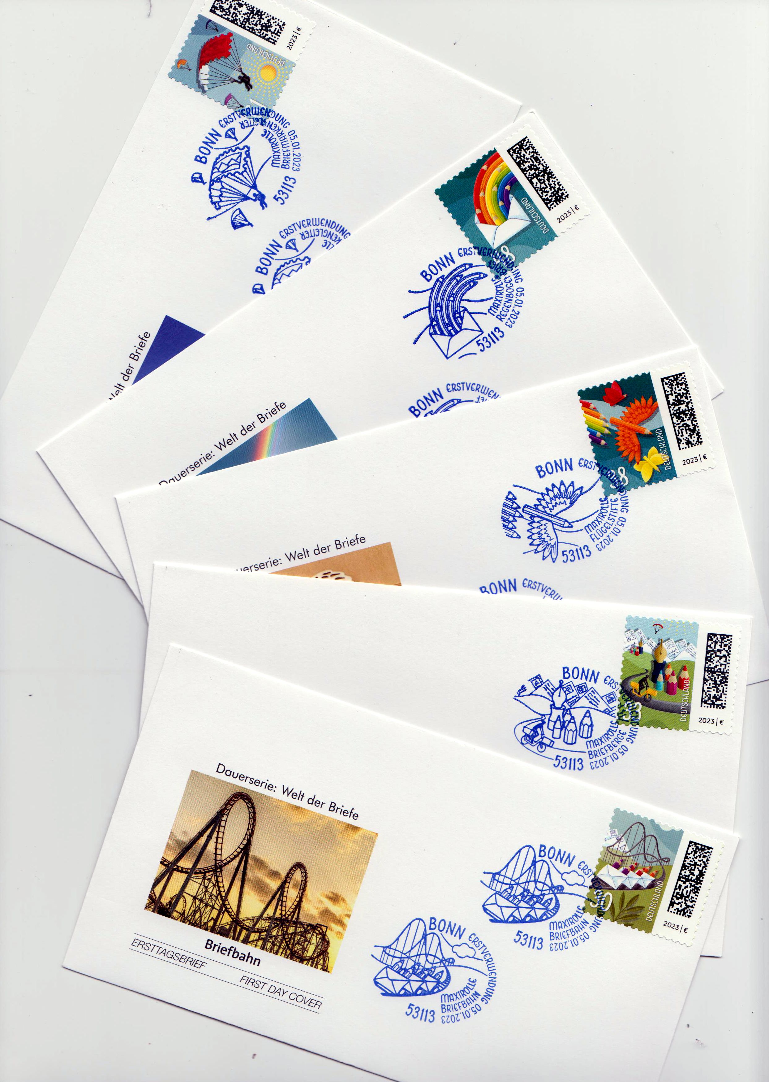 Dauerserie 2023 I, Briefbahn, Briefberge, Flügelstifte, Regenbogenbrief, Gleiter sk