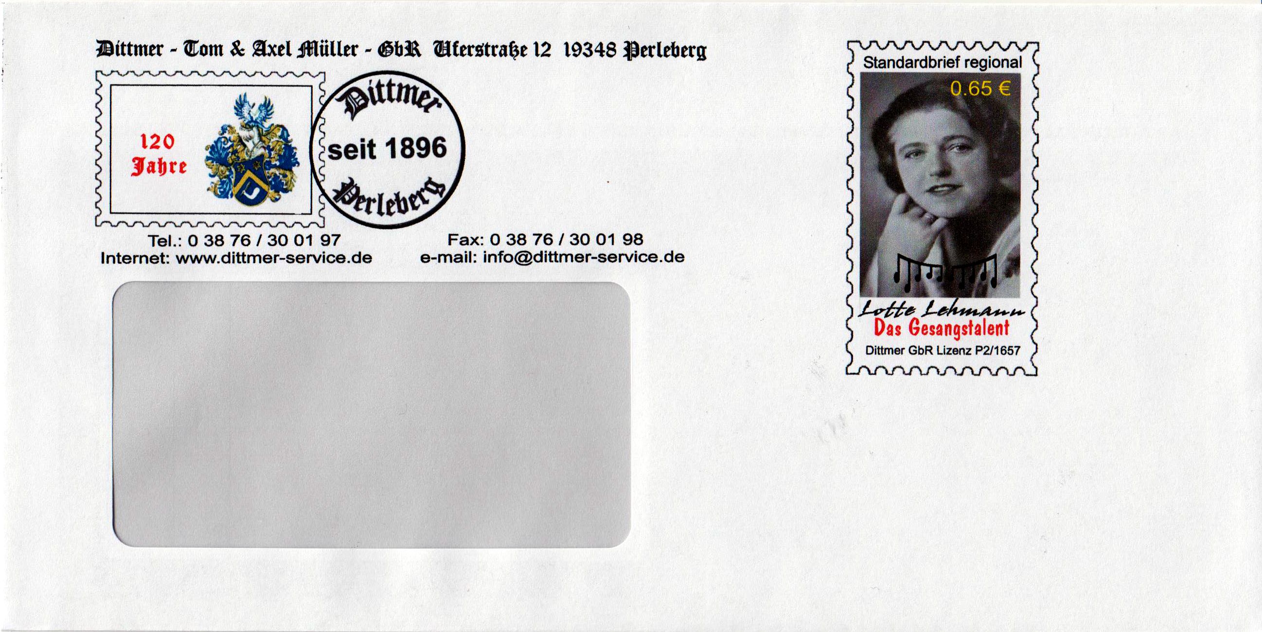Lotte Lehmann "Gesangstalent", DIN lang, mit Fenster, zu 65 Cent