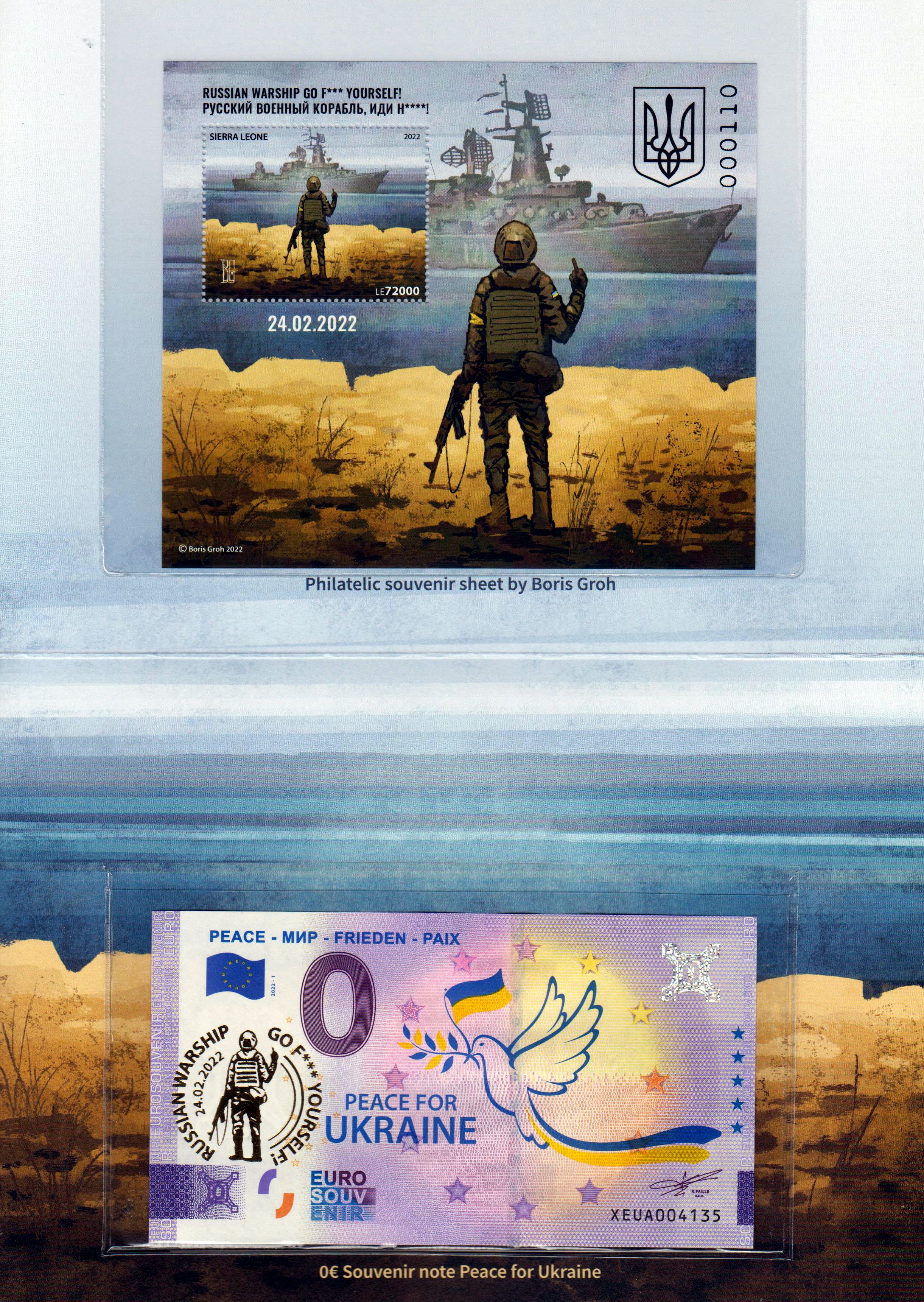 Folder: Russian Warship, Go F..., inkl. Schein "Peace Ukraine 2022-1" mit Goldaufdruck und postfrischem Block Sierra Leone