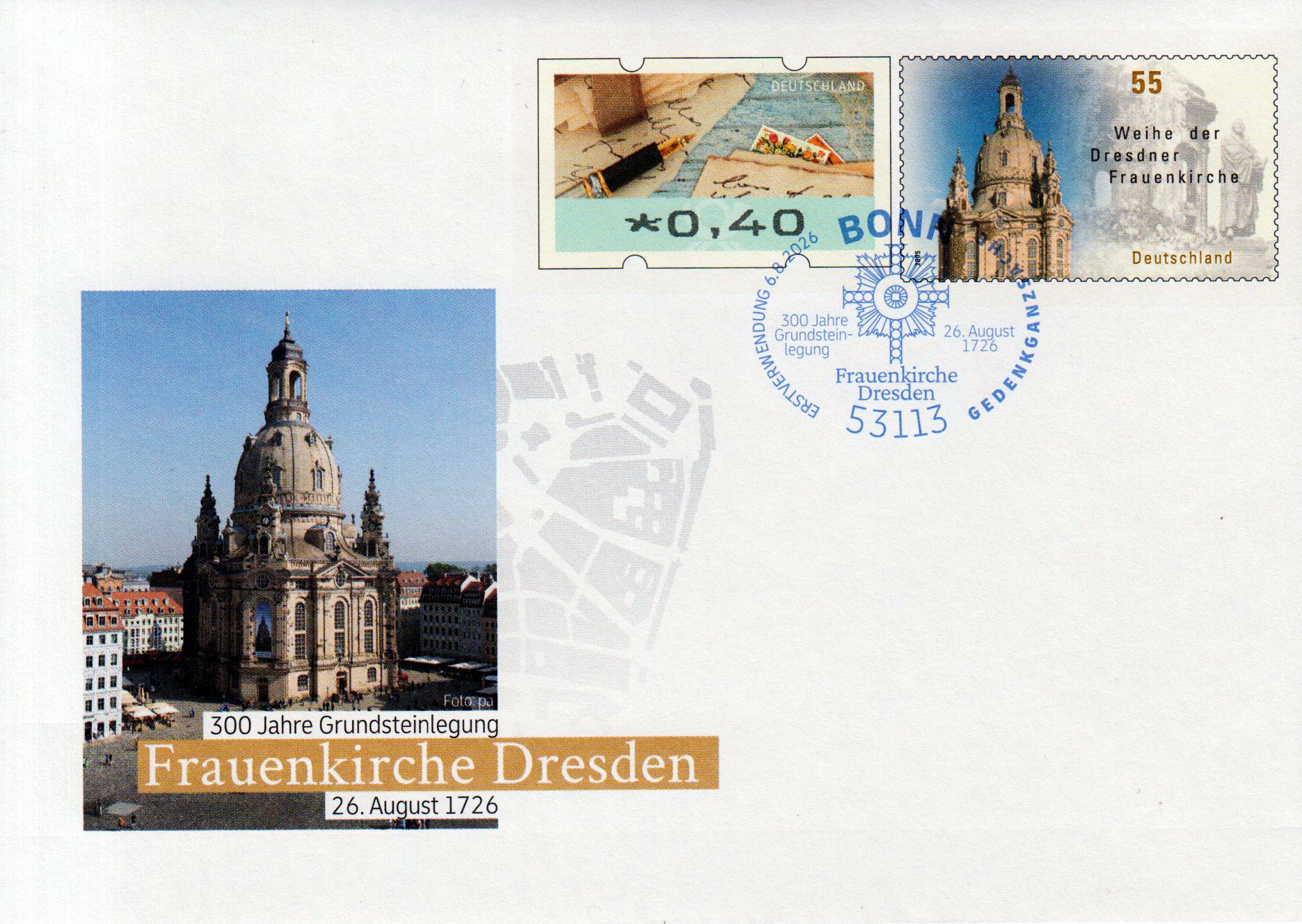 300 Jahre Frauenkirche Dresden 2026, mit Erstverwendungsstempel