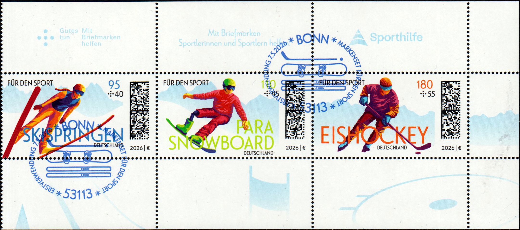 Zdr. Für den Sport 2026, Heftchenblatt mit Erstverwendungsstempel Bonn