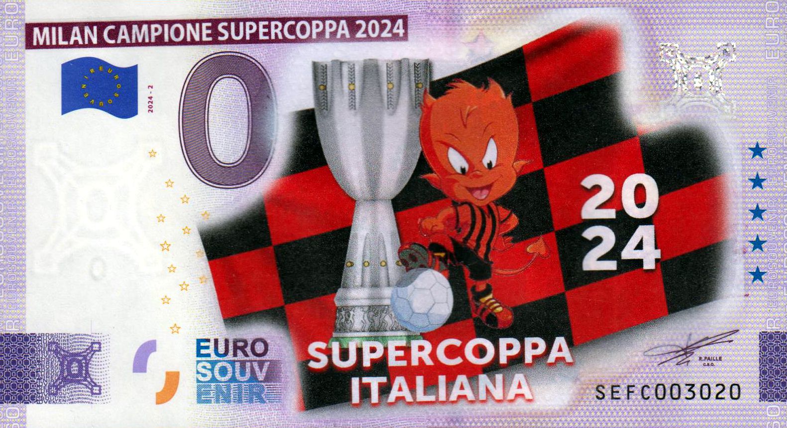 Milan Campione Supercoppa 2024, Maskottchen mit Pokal 2024-2 coloriert