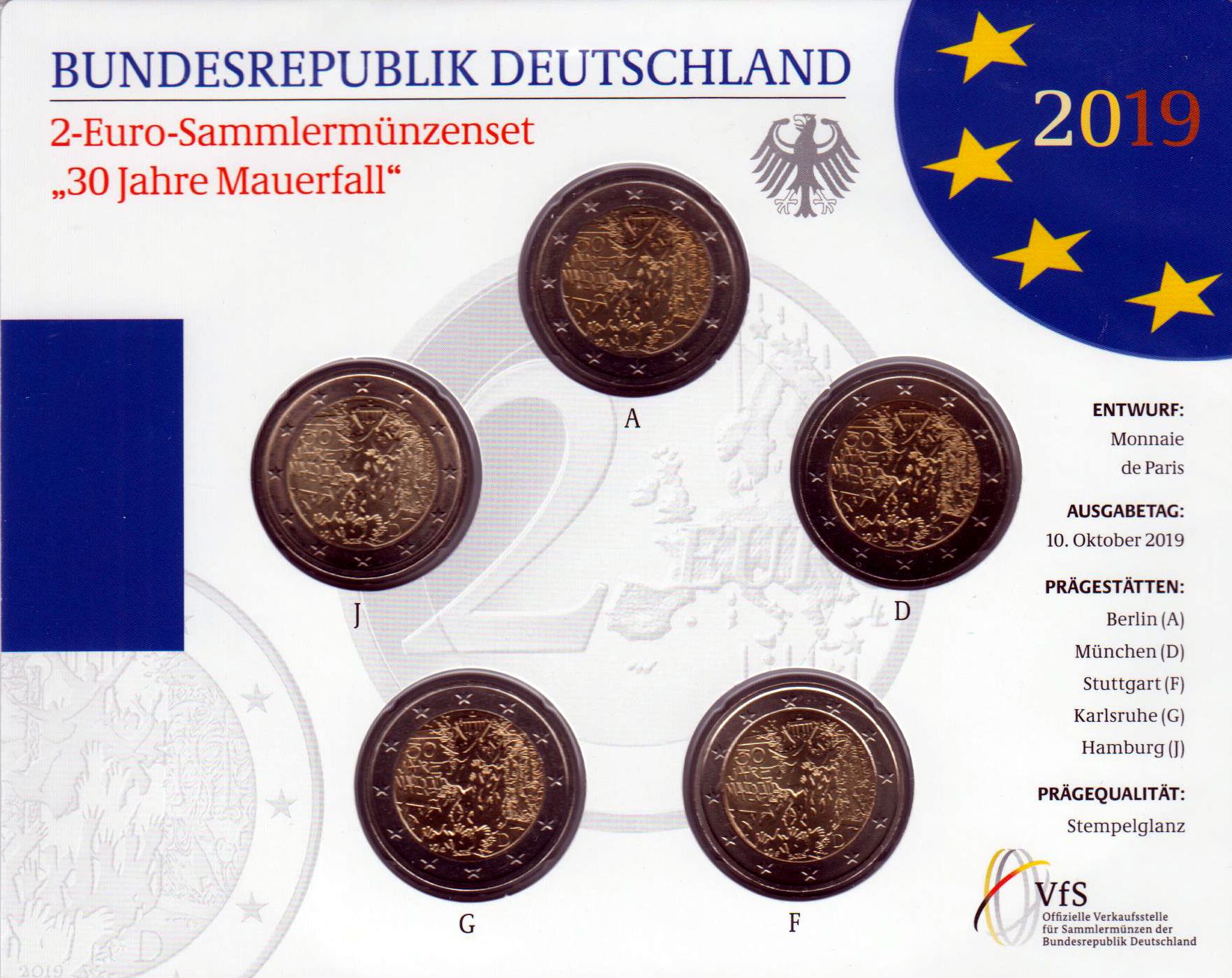 2 Euro Sammlermünzenset "Mauerfall 2019" mit allen 5 Münzen ADFGJ in Stempelglanz