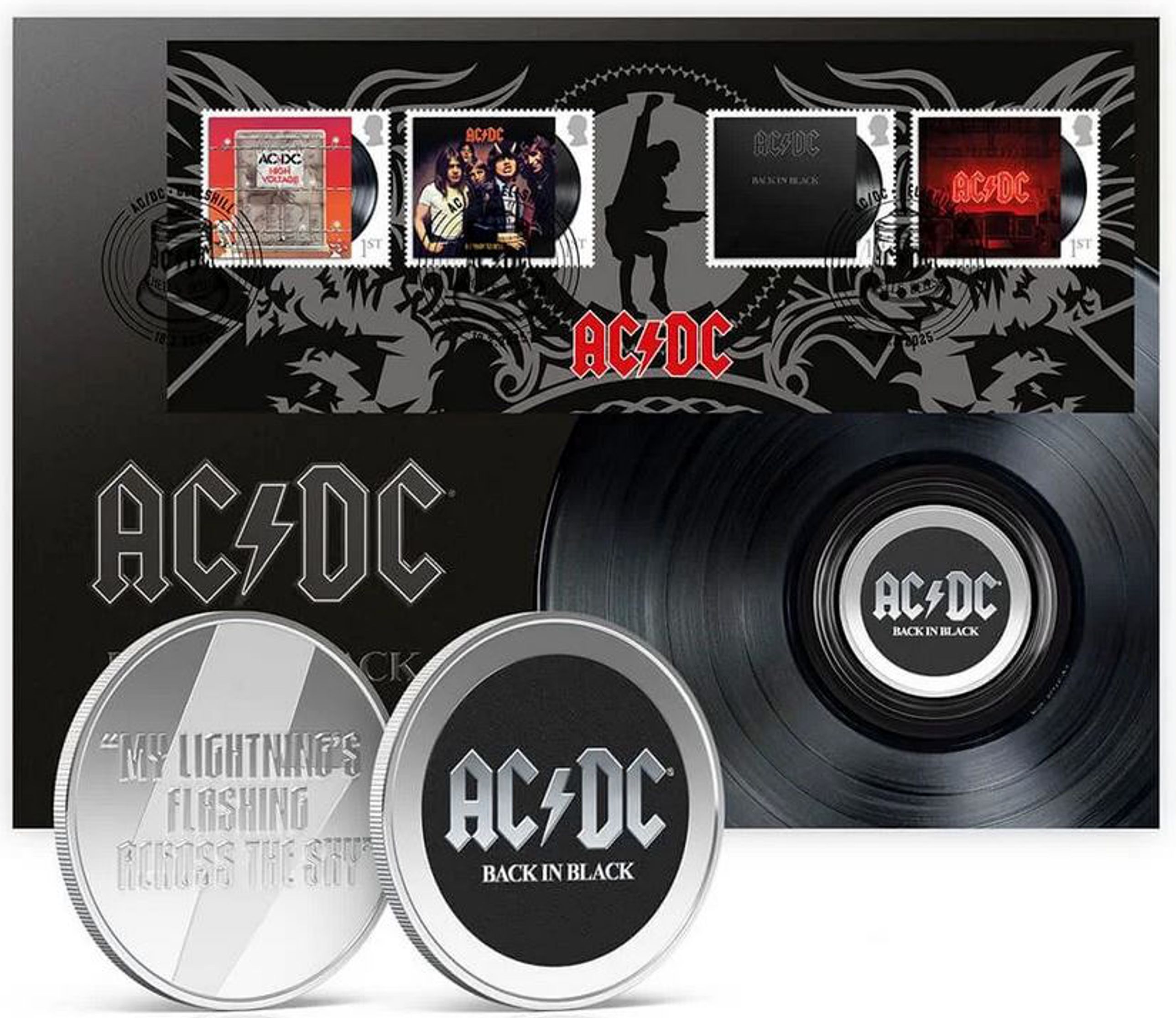 AC/DC 2025, Numisbrief mit allen 8 Marken, ESSt und versilberter Medaille "Back in Black"
