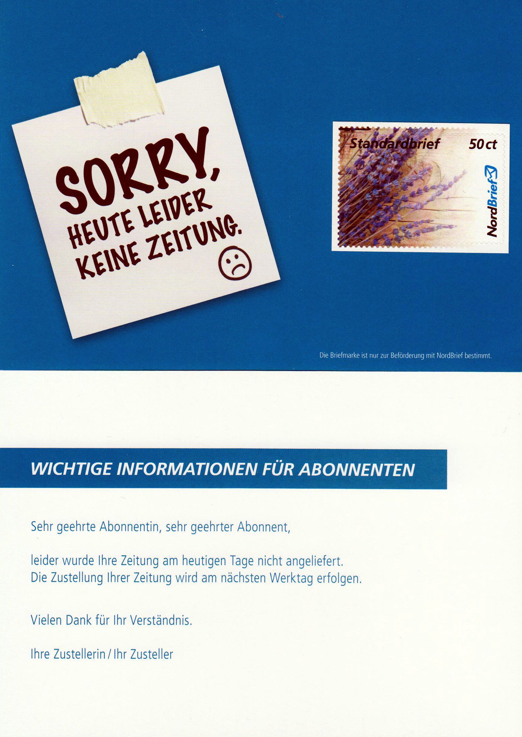 Karte: Sorry, heute leider keine Zeitung 2012 sk
