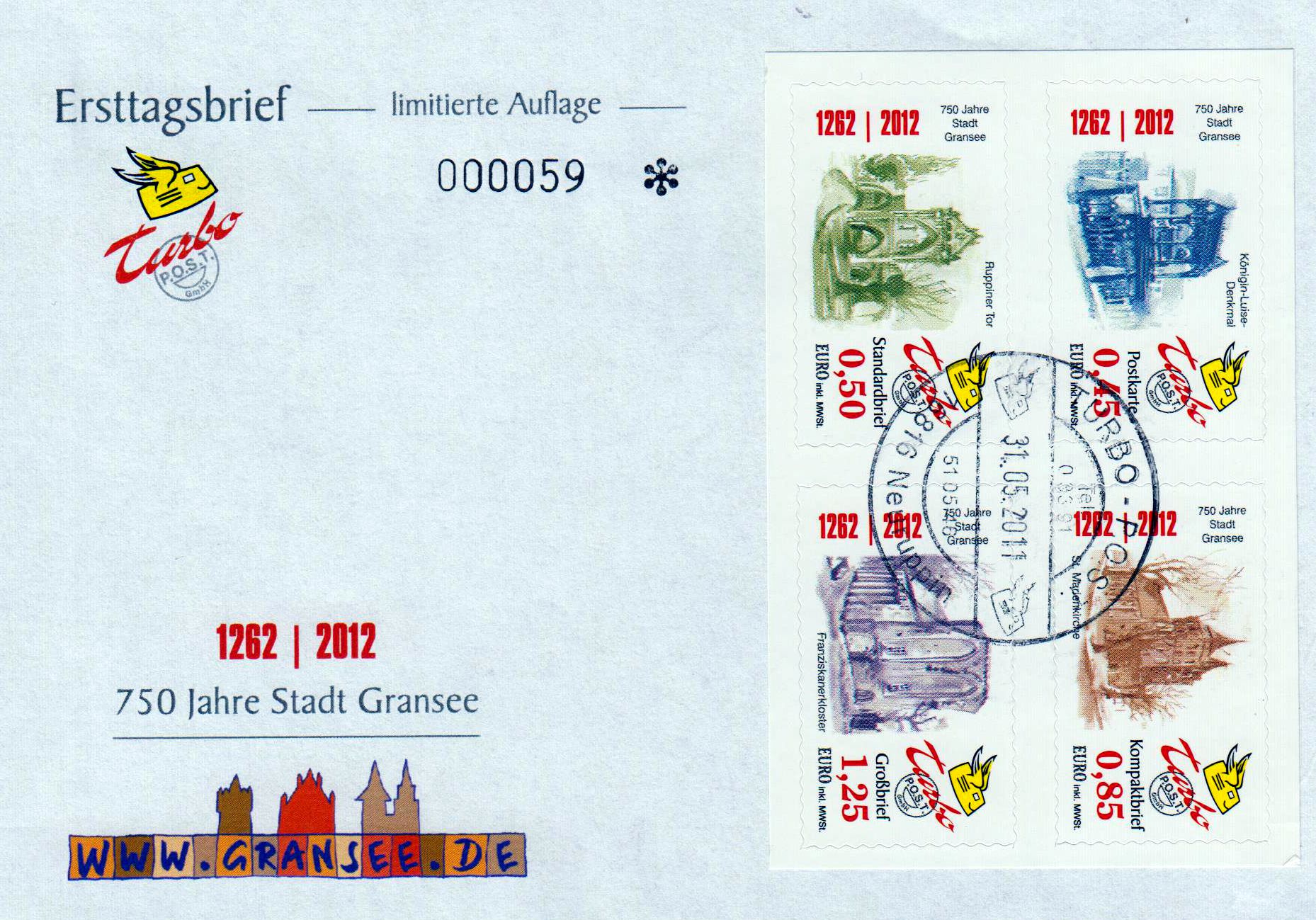 Offizieller Ersttagsbrief 750 Jahre Gransee sk 2011