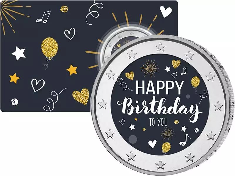 2 Euro Münze coloriert "Happy Birthday", inkl. Coin-Card, perfekt als Geschenk!