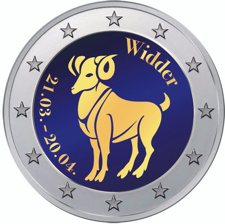 2 Euro Münze coloriert "Sternzeichen -  Widder"