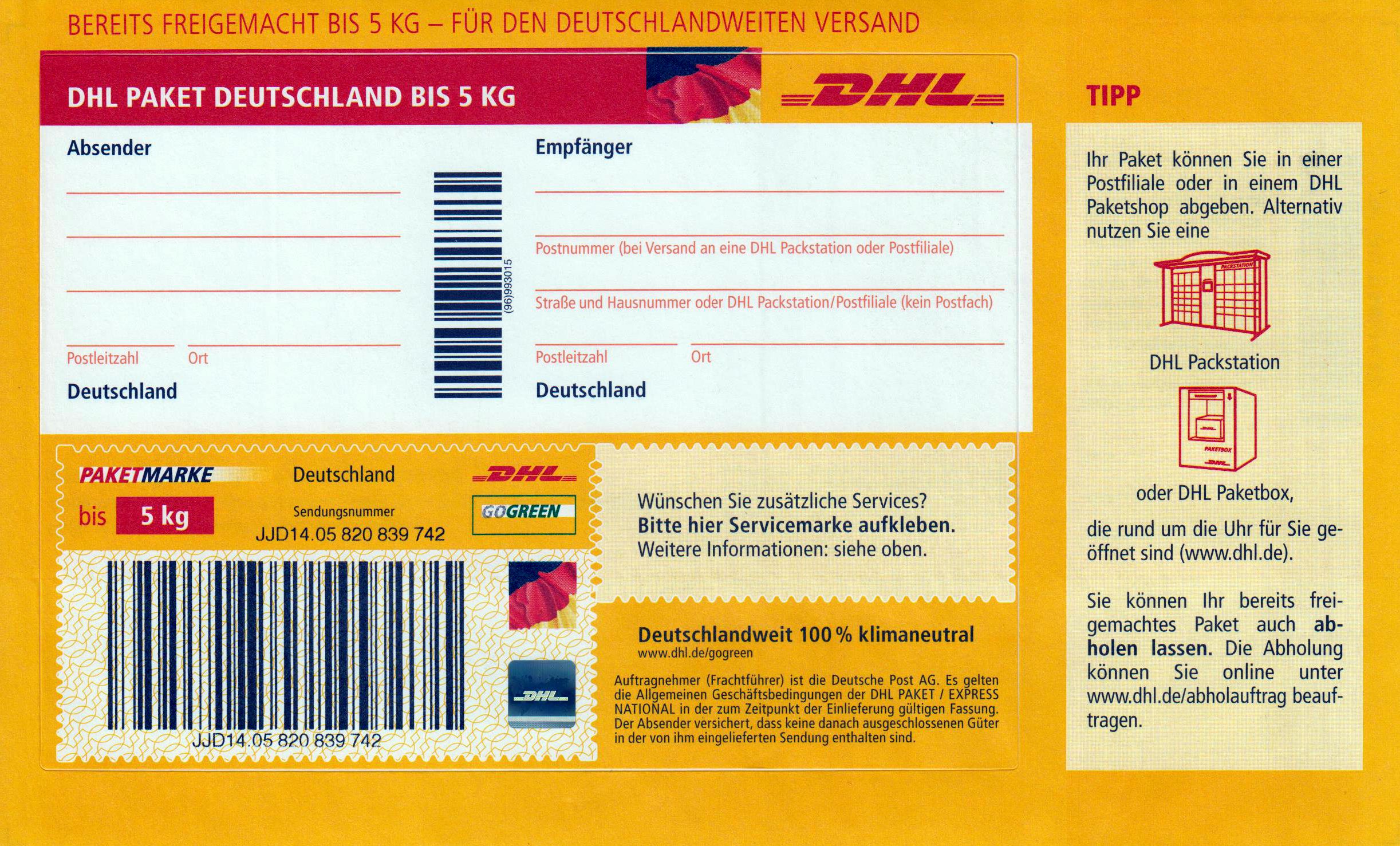 Paketmarke Deutschland bis 5 KG, mit Sendungsinformation, DHL Hologramm
