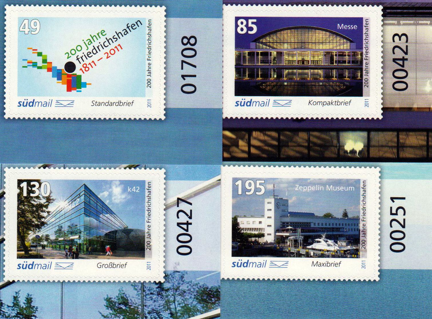 200 Jahre Friedrichshafen 2011 sk, Eckrandsatz mit schwarzer Bogennummer