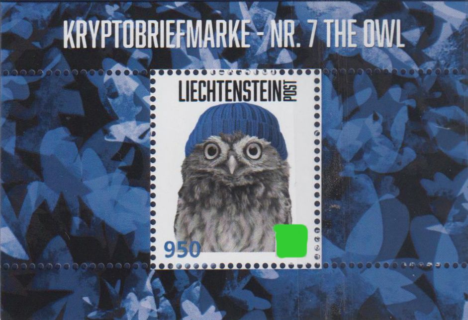 Block: Kryptobriefmarke - Nr. 7, The Owl 2024, Grüne Mütze