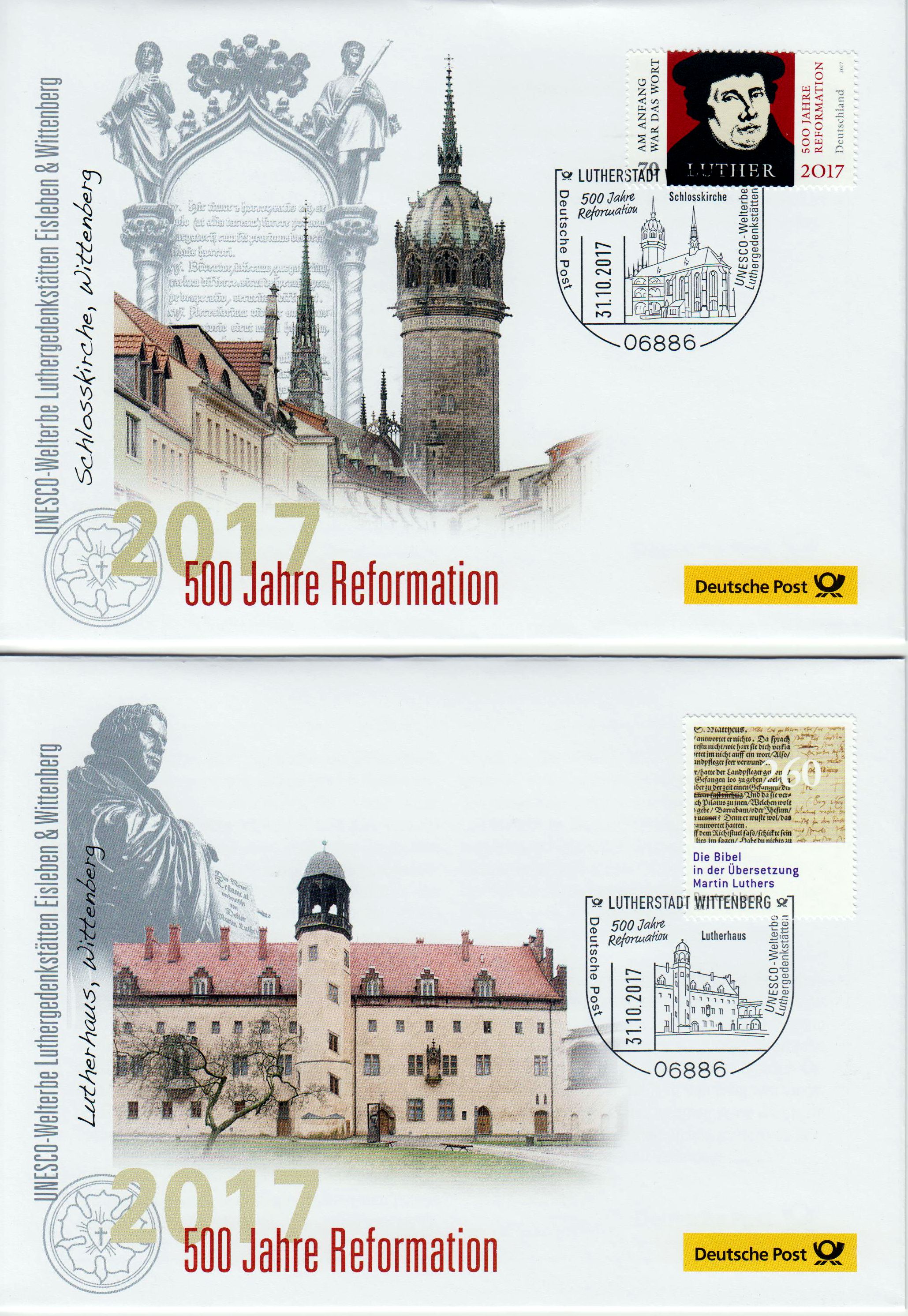 Offiz. Philatelistisches Brief-Set "500 Jahre Reformation 2017" mit 7 Sonderbelegen "Gedenkstätten Luther" und 7 SSt