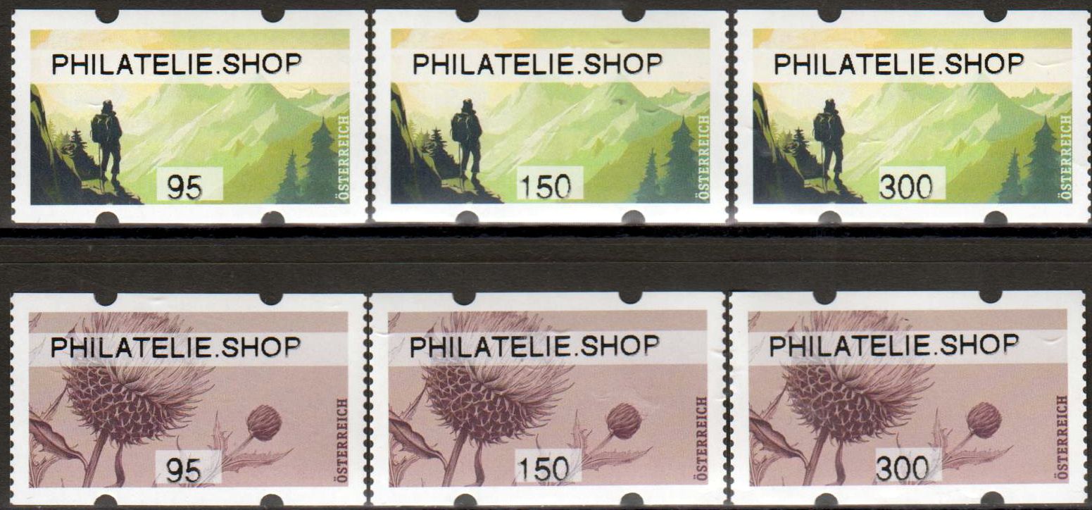 Sommer 2024, Berge, Blume, mit Aufdruck "Philatelie.Shop" (je 95/150/300 ct)