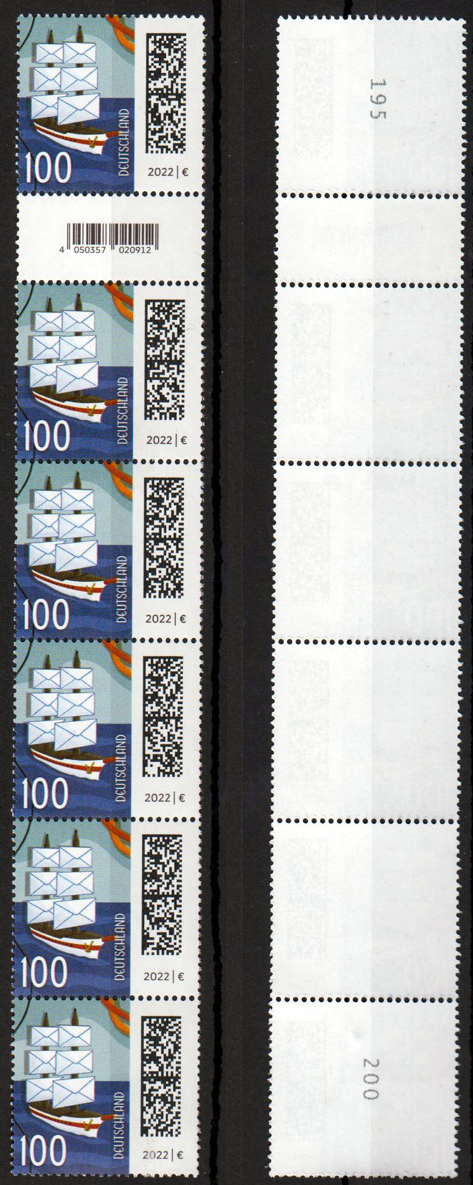 Briefsegler 2022  6er Streifen Rollenanfang EAN Code 020912
