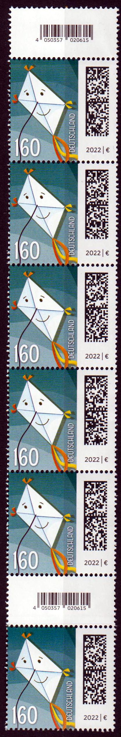 Briefdrachen 2022 Rollenende 6er Streifen EAN Code 020615