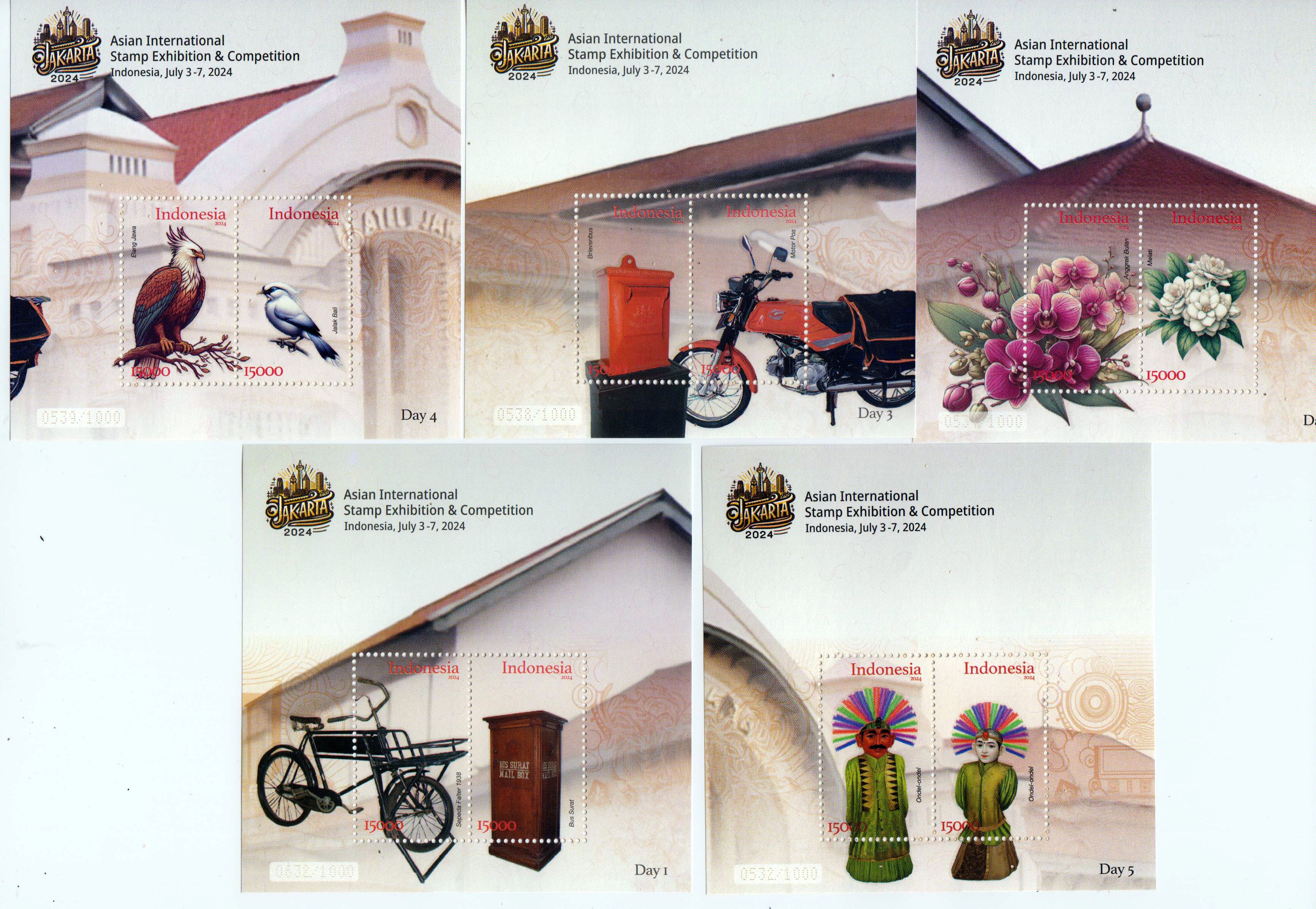Block: Asiatische Int. Briemarkenausstellung und Wettbewerb 2024, Briefkasten, Blumen, Vögel