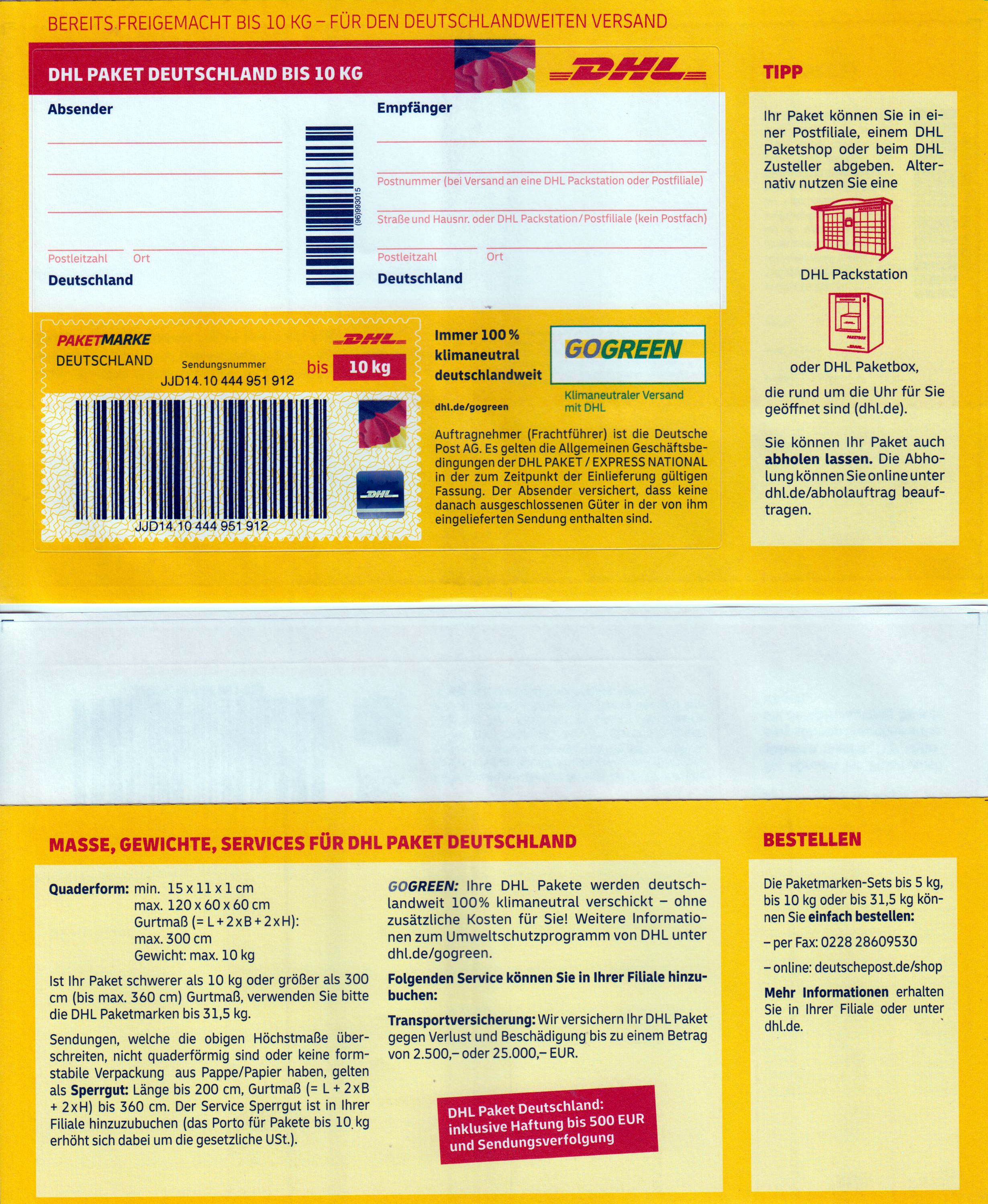 DHL Paketmarke Deutschland bis 10 KG, geänderter Text bei Bestellen "Die Paket..."