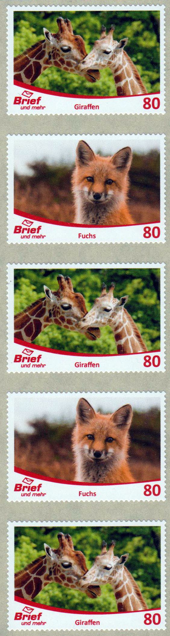 5er-Streifen: Zootiere 2022, Giraffen und Rotfuchs, aus Rolle sk, gestempelt