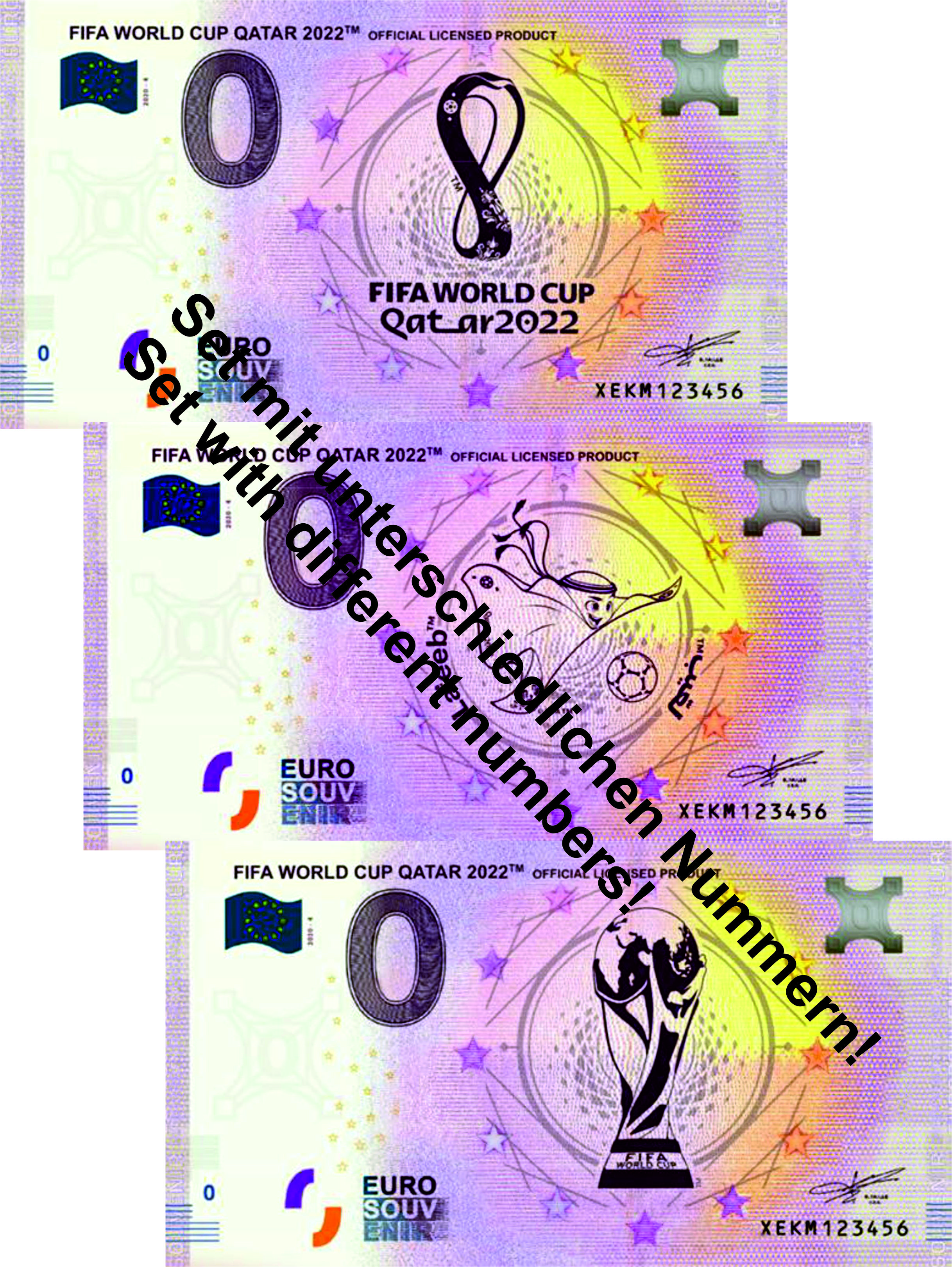 FIFA World Cup Qatar 2022 - offizielles SET -3 Scheine - unterschiedliche Nummern
