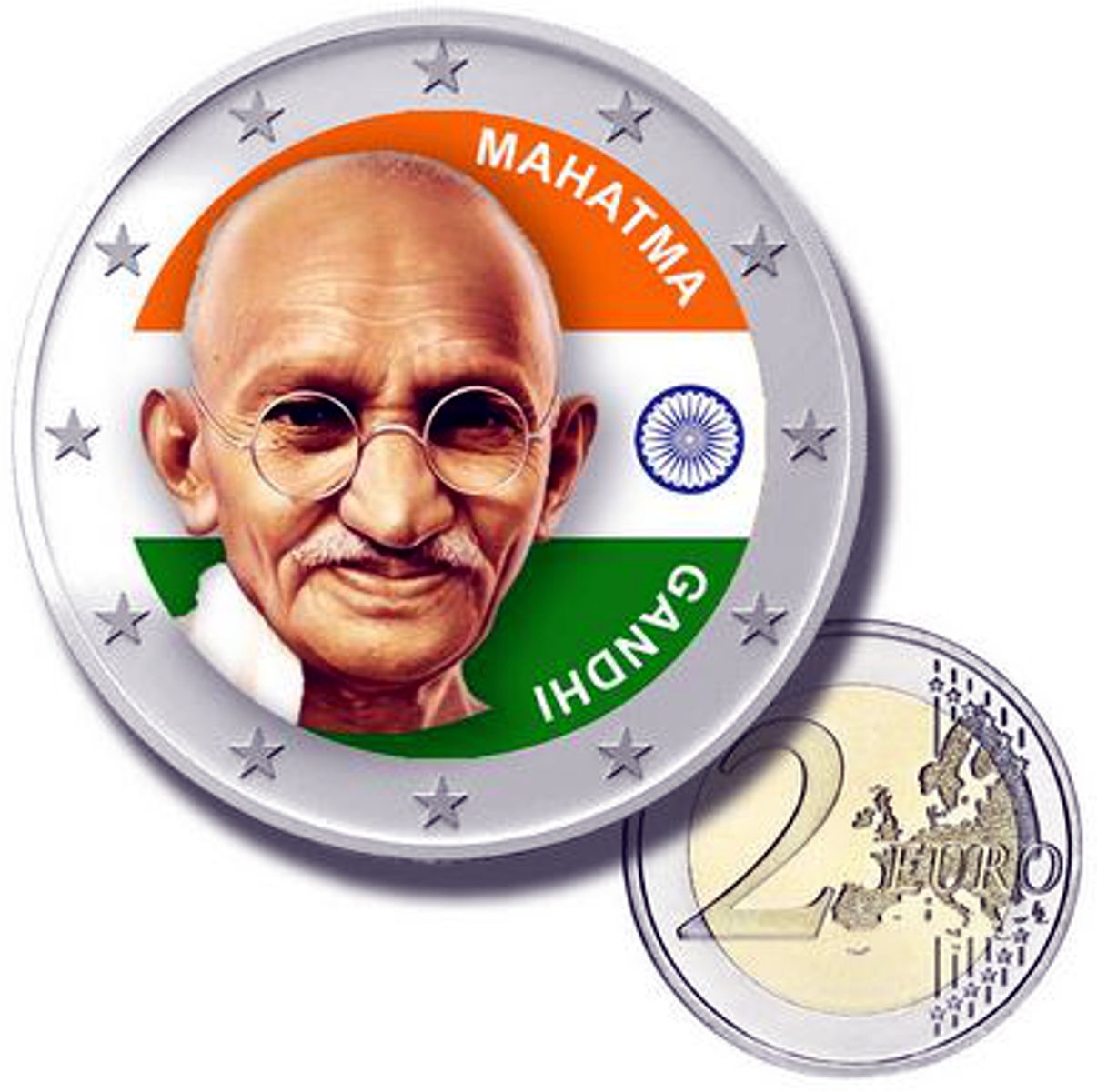 2 Euro Münze coloriert "Mahatma Gandhi"