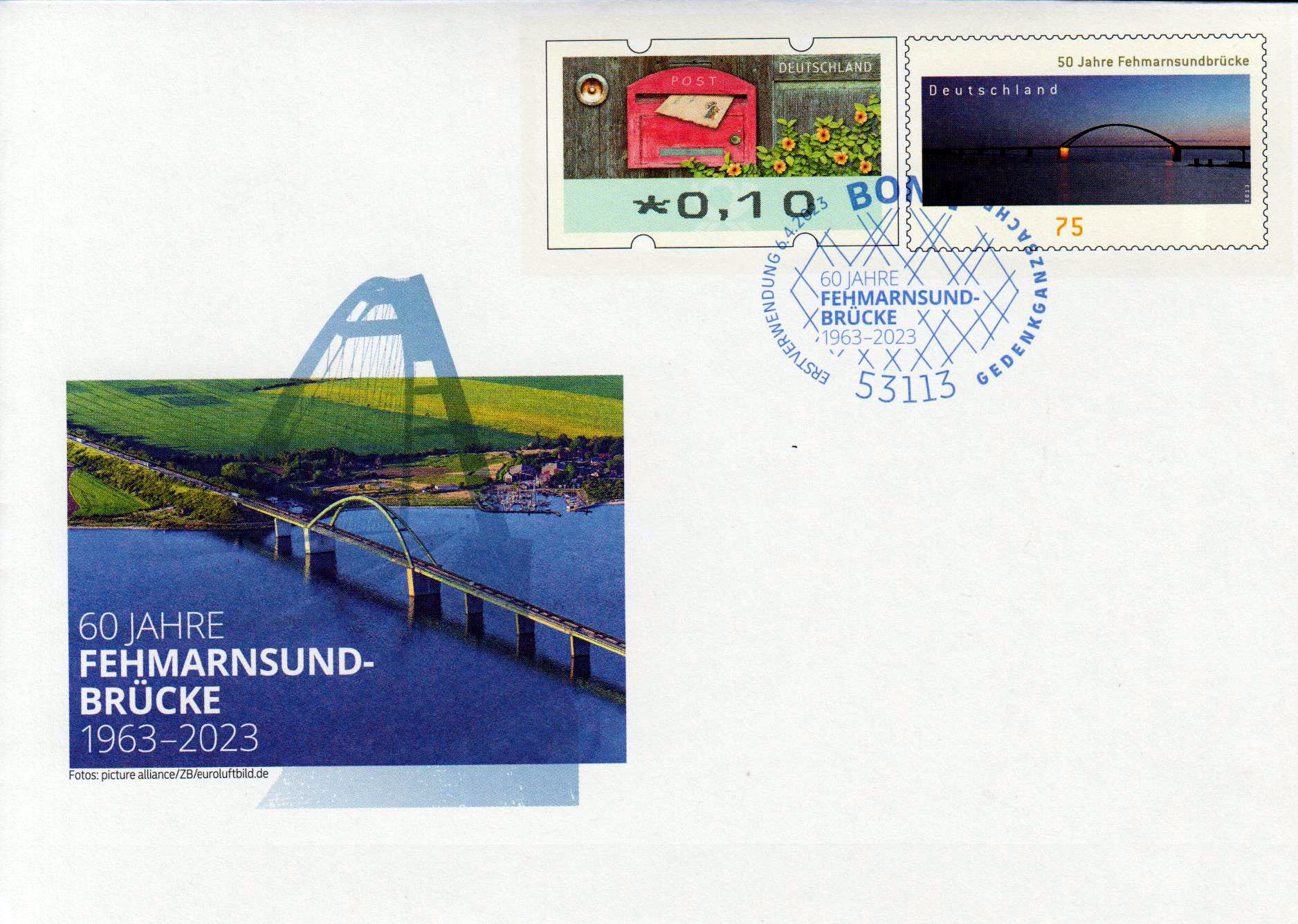 60 Jahre Fehmarnsund-Brücke 2023, mit Erstverwendungsstempel Bonn