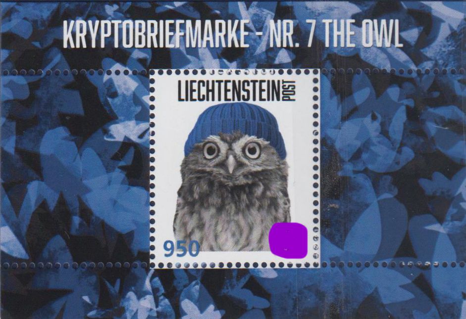 Block: Kryptobriefmarke - Nr. 7 The Owl 2024, violette Mütze