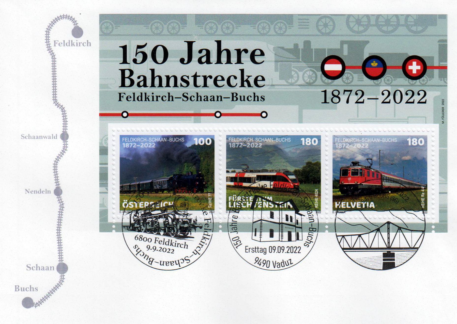 Block: 150 Jahre Bahnstrecke 2022, Schweiz, Liechtenstein, alle 3 Länder GA