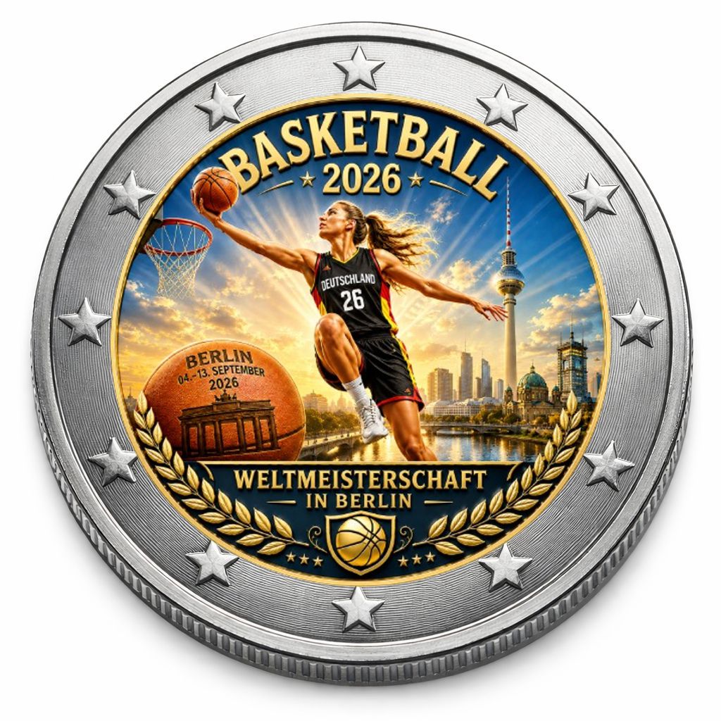 2 Euro Münze coloriert "Basketball WM der Frauen, Berlin 2026"