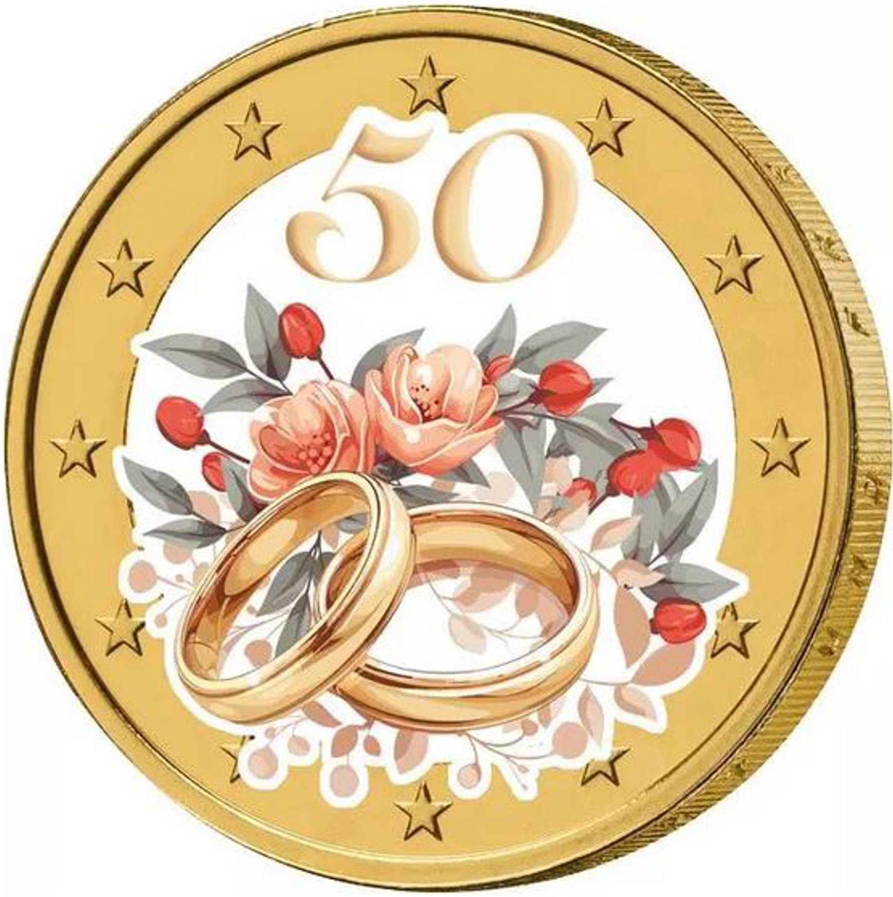 2 Euro Münze coloriert "Goldene Hochzeit", vergoldet inkl. hochwertiger Coin-Card!