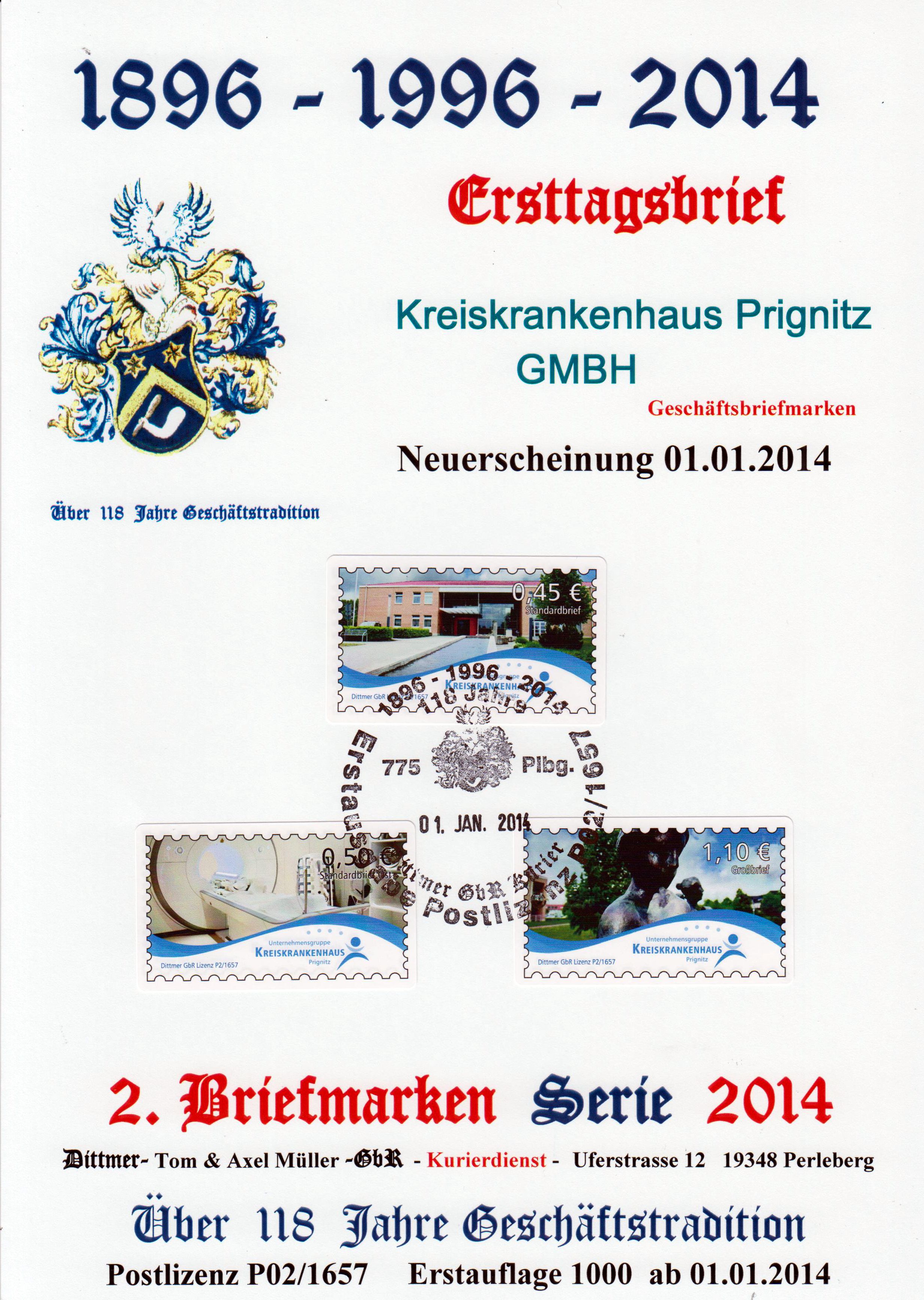 offizielle Ersttagskarte "Krankenhaus Perleberg" 2014