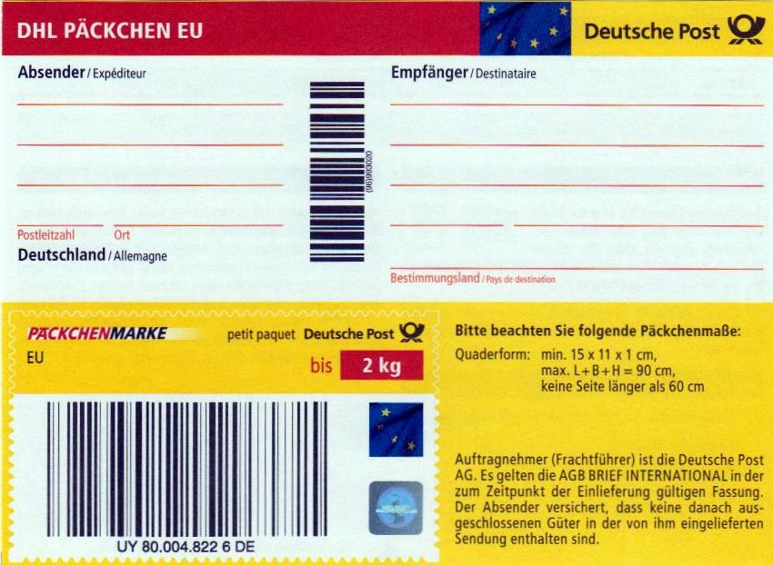 Päckchenmarke EU bis 2 kg, neues Design mit kleiner Europaflagge, Hologramm DHL-Weltkugel