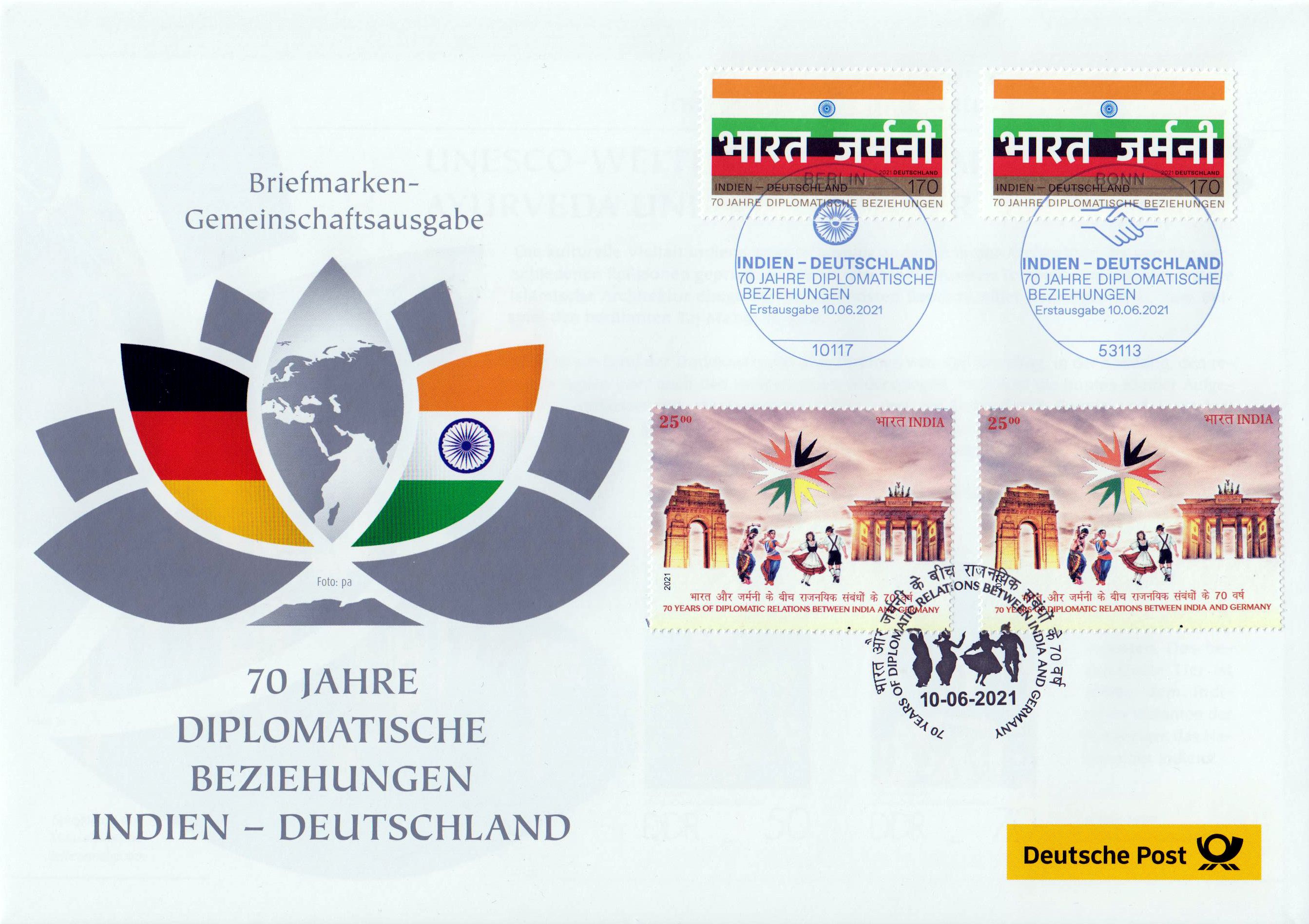 Philateliebrief "Diplomatische Beziehungen mit Indien" 2021 (Kombi-FDC) Dt. Post