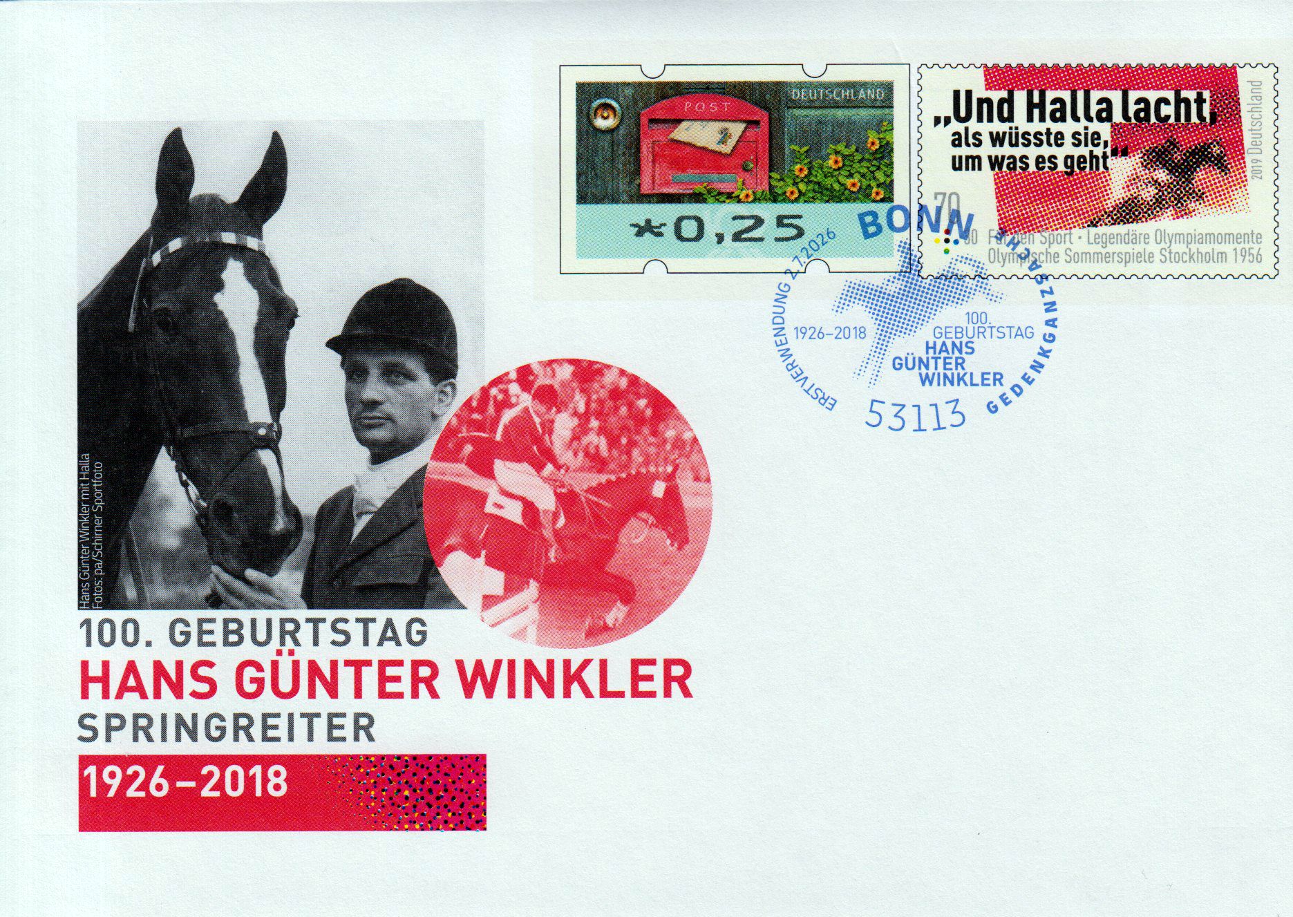 Hans Günter Winkler 2026, mit Erstverwendungsstempel Bonn