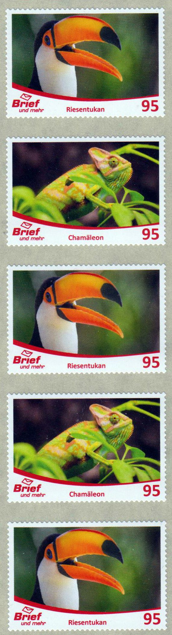 Zootiere 2022, Chamäleon und Tukan (95ct) als 5er-Streifen