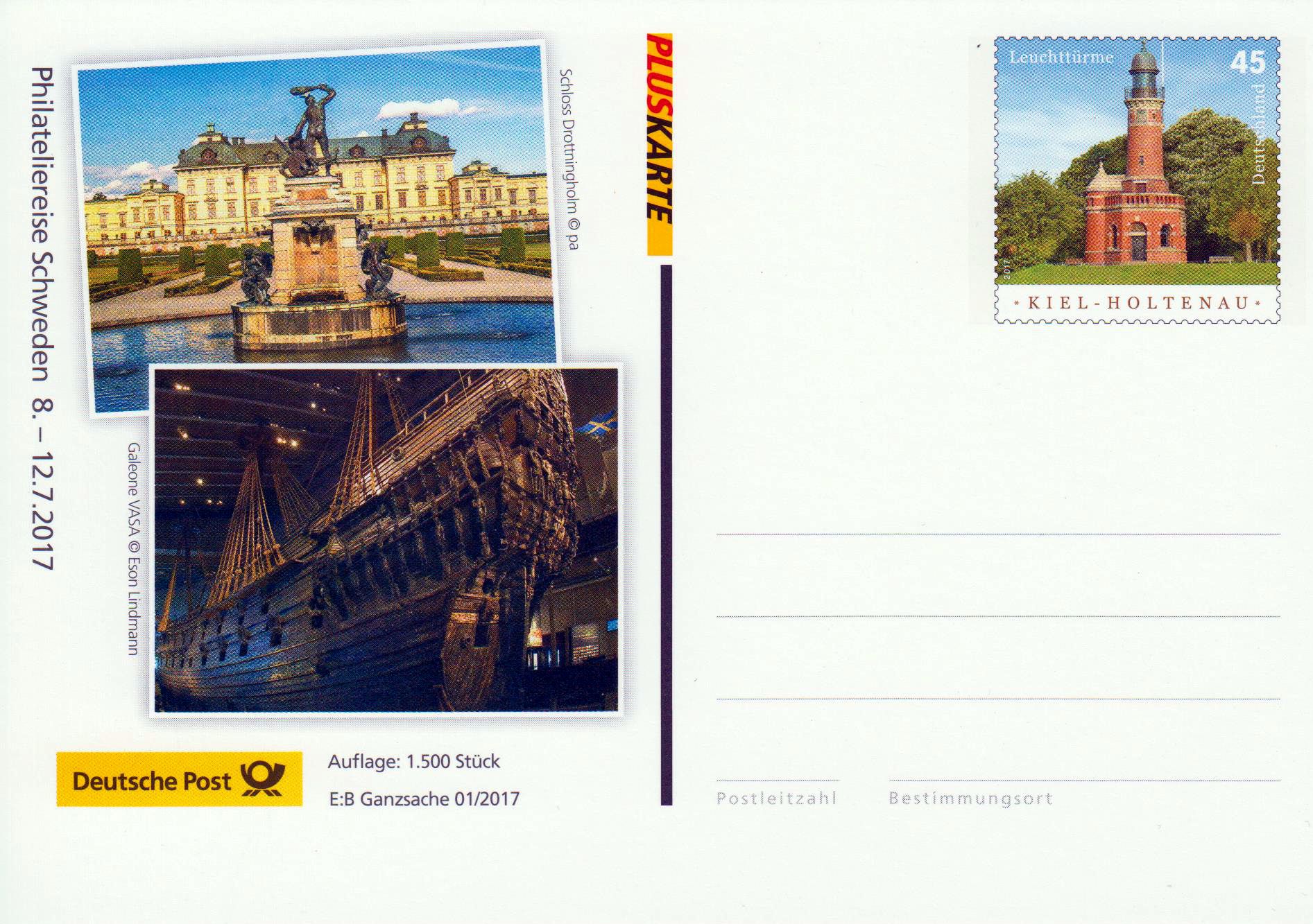 EB-Ganzsache 1/2017: Postkarte Philatelie- reise Schweden 2017, Leuchtturm Kiel-Holtenau