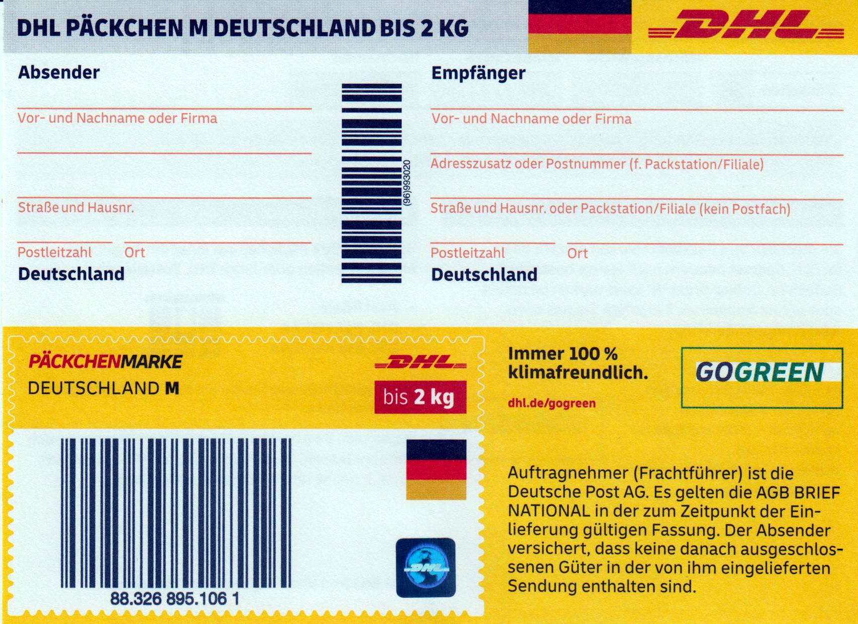 DHL Päckchen M Deutschland bis 2 kg 2025, jetzt Feld oben "grau" und Deutschland Flagge "gerade"