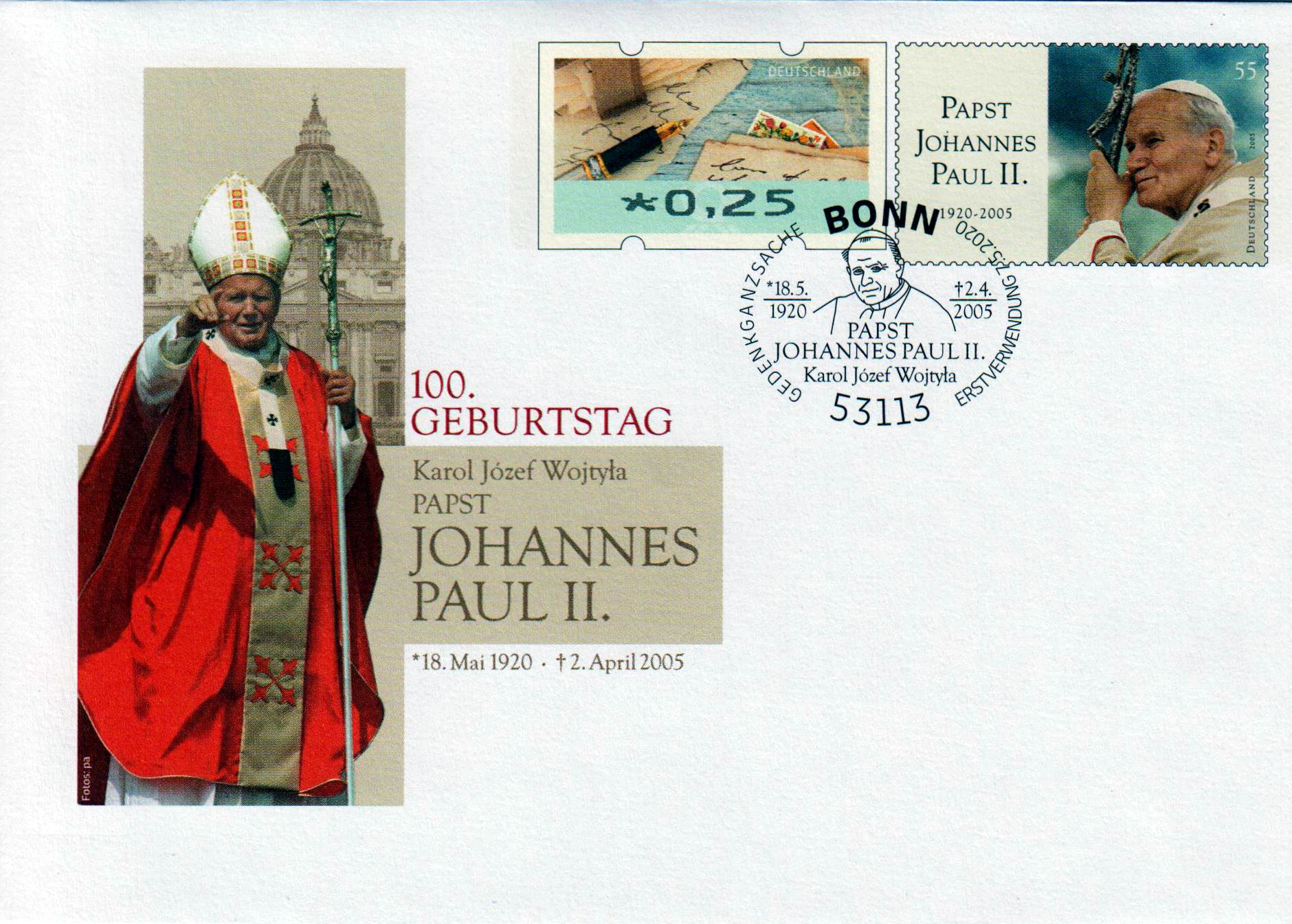 100. Geburtstag Papst Johannes Paul II, mit Erstverwendungsstempel 7.5.2020